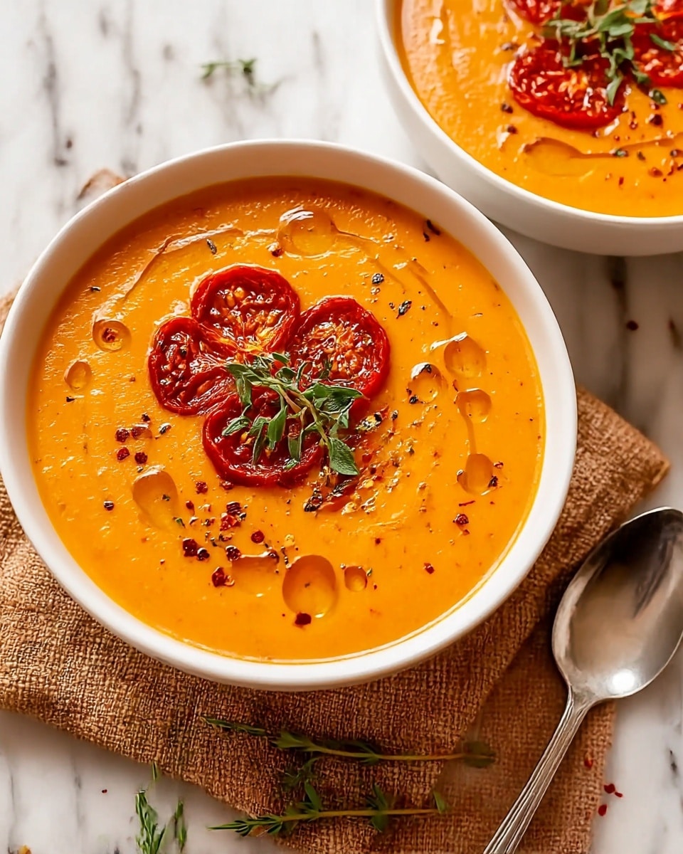 Two white bowls filled with smooth, thick orange soup are positioned on a white marbled surface. Each bowl has a top layer of roasted red tomato halves arranged in a flower shape with fresh green herbs at the center. The soup is drizzled with shiny golden oil drops and sprinkled with small bits of dried red chili flakes and black pepper. One bowl is positioned closer to the front, resting on a textured brown cloth, with a silver spoon and green herb sprigs lying nearby. Photo taken with an iphone --ar 4:5 --v 7