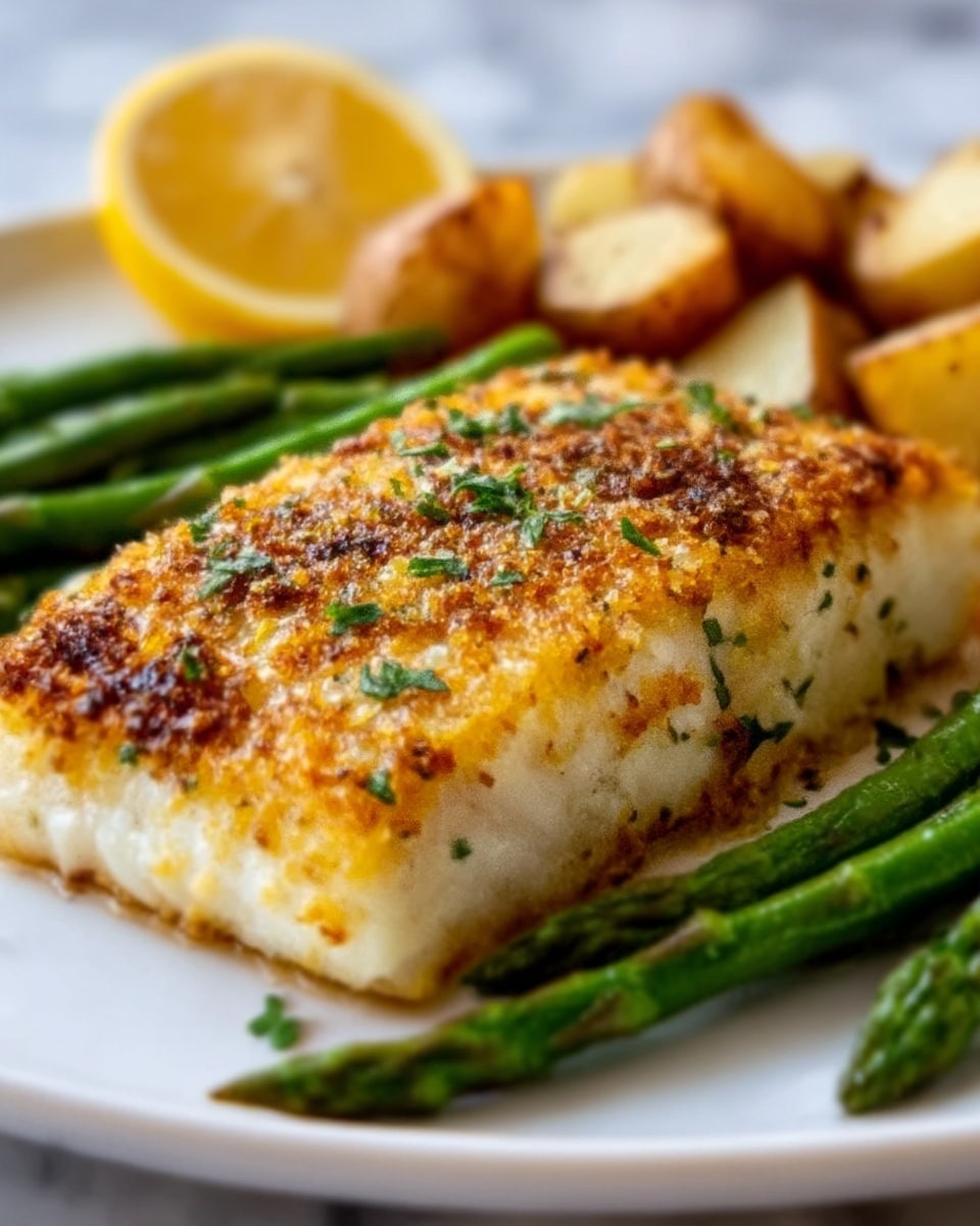 A thick, grilled white fish fillet with a golden brown, slightly crispy top layer sprinkled with small green herbs, lying on a white plate. To the right side of the fish, several long, green steamed vegetables with a smooth texture are placed neatly. In the background at the top left, small round roasted golden potatoes with a soft texture are arranged. The whole scene is set against a white marbled surface. photo taken with an iphone --ar 4:5 --v 7