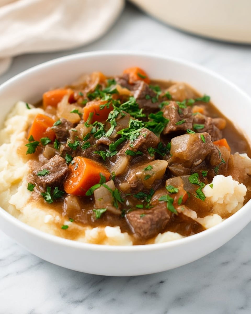 A white bowl filled with two main layers is placed on a white marbled surface. The bottom layer is fluffy mashed potatoes in a creamy off-white color, spread evenly and thick, forming a soft base. On top sits a rich brown beef stew with chunks of tender beef, bright orange carrot pieces, and a thick brown gravy mixed with small bits of onions. Fresh green herbs are sprinkled generously over the stew, adding a pop of color and freshness. The texture of the stew is slightly glossy with visible meat fibers and soft vegetables. Photo taken with an iphone --ar 4:5 --v 7
