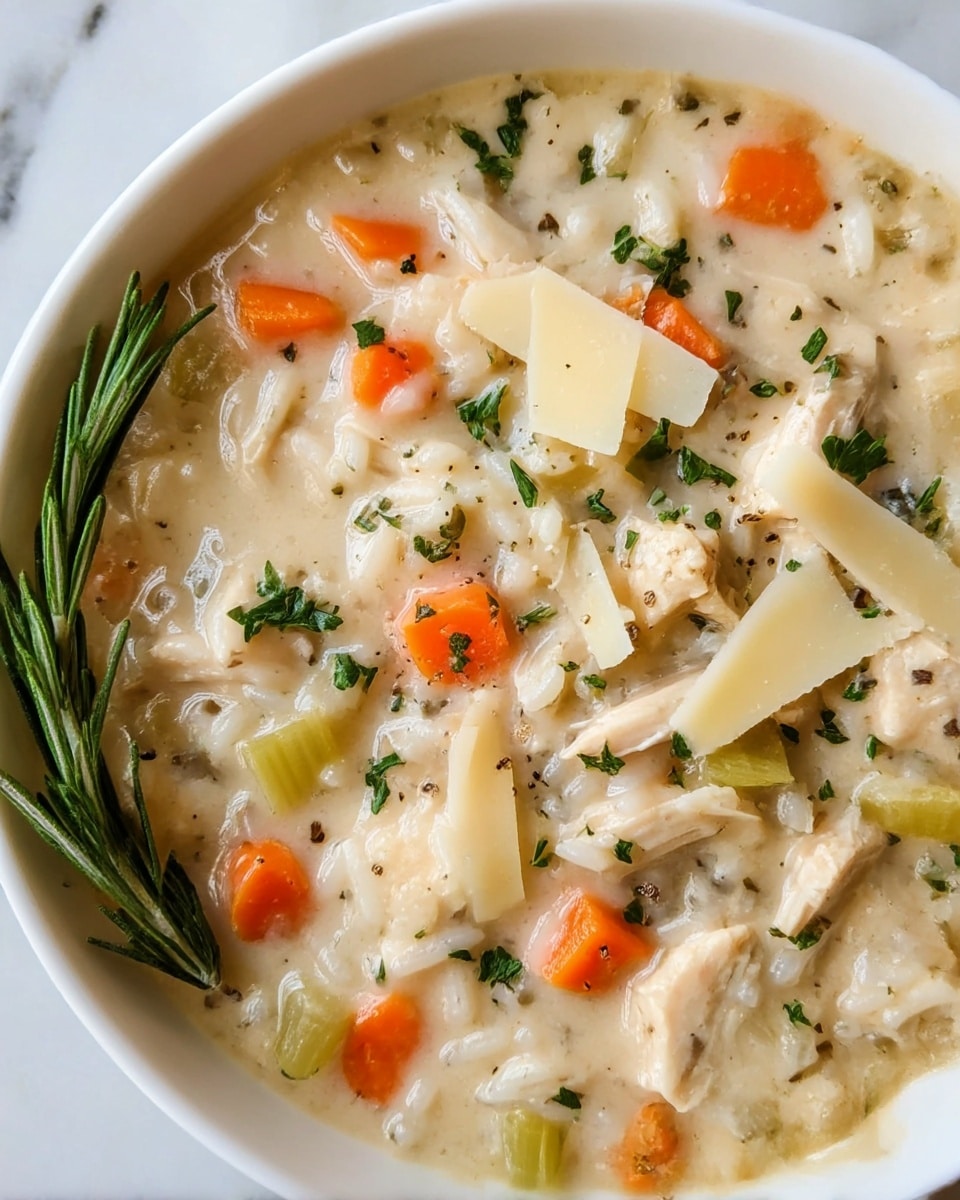 The image shows a white bowl filled with creamy chicken and rice soup. The base is thick and light beige in color with small bits of white rice mixed evenly. The soup has chunks of beige chicken pieces and diced orange carrots scattered throughout, along with small bits of green celery. It is garnished with chopped green parsley and a sprig of dark green rosemary on one side. There are also thin, pale yellow slices of cheese on top, and some black pepper sprinkled across the surface. The bowl rests on a white marbled surface. Photo taken with an iphone --ar 4:5 --v 7