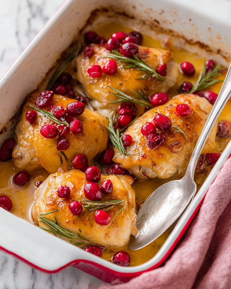 The image shows a white baking dish filled with four pieces of golden brown baked chicken thighs, each topped with bright red cooked cranberries. Sprigs of fresh green rosemary are placed in between the chicken pieces. The chicken skin looks crispy and shiny with a slight glaze. A large silver spoon rests inside the dish on the right side, partially under one chicken piece. The dish is set on a soft grayish cloth on a white marbled surface. Photo taken with an iphone --ar 4:5 --v 7