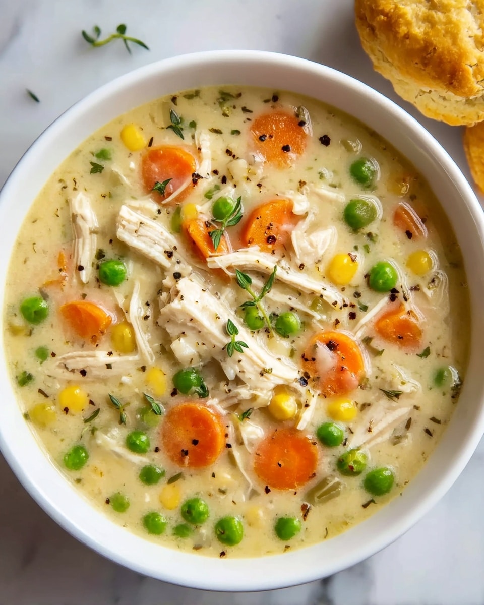 A white bowl filled with creamy chicken soup, showing pieces of shredded white chicken, orange carrot slices, green peas, and bits of yellow corn evenly mixed in a thick pale yellow broth. Small green herb sprigs and black pepper flakes are scattered on top, adding texture and color. The bowl sits on a white marbled surface, and part of a golden brown biscuit is visible at the top right corner. photo taken with an iphone --ar 4:5 --v 7