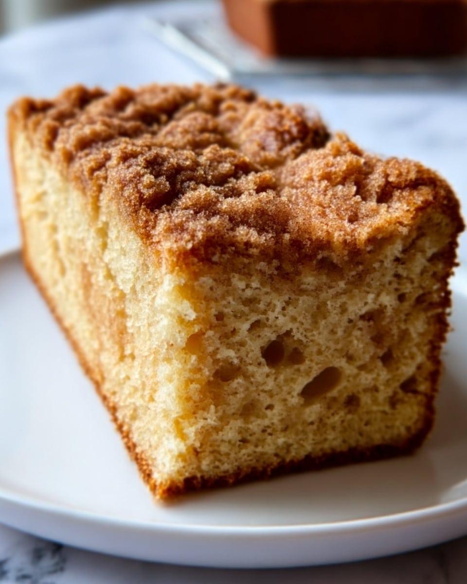 The image shows a close-up of a thick rectangular slice of crumb cake with a crunchy, dark brown topping and a soft, light beige inside with a moist texture. The crumb topping is uneven, rough, and covers the entire top layer, while the cake's inside looks fluffy and slightly crumbly. The cake sits on a white surface with a white marbled texture in the background. Photo taken with an iphone --ar 4:5 --v 7