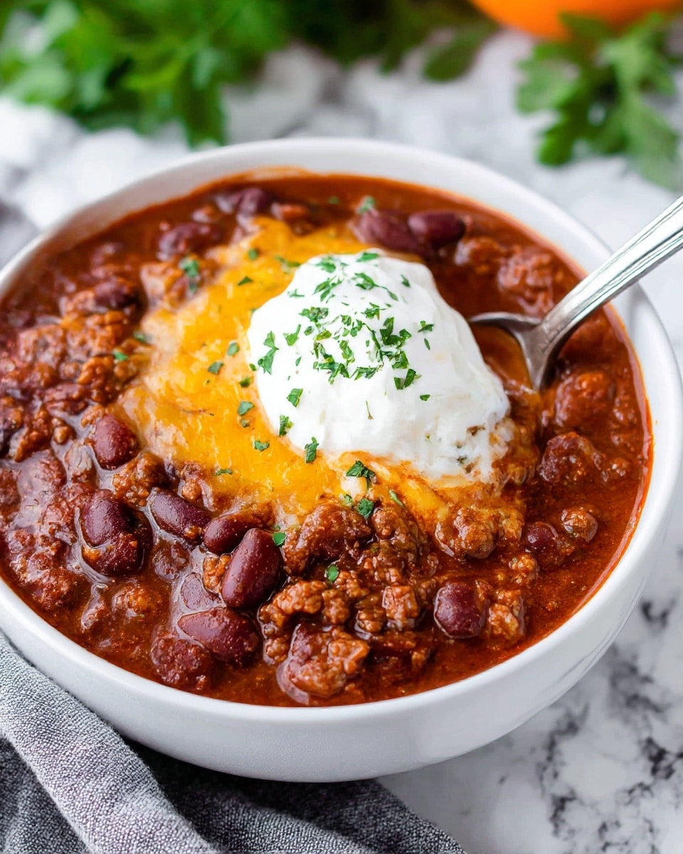 A white bowl filled with thick chili made of dark red kidney beans, ground meat, and rich red sauce, covering the entire bowl except the center where there is a melted golden-yellow cheese layer topped with a dollop of smooth, white sour cream sprinkled with tiny green herbs. A silver spoon rests inside the bowl, leaning on its edge. The bowl sits on a piece of gray fabric over a white marbled surface, with a slightly blurred green herb and an orange object in the background. Photo taken with an iphone --ar 4:5 --v 7