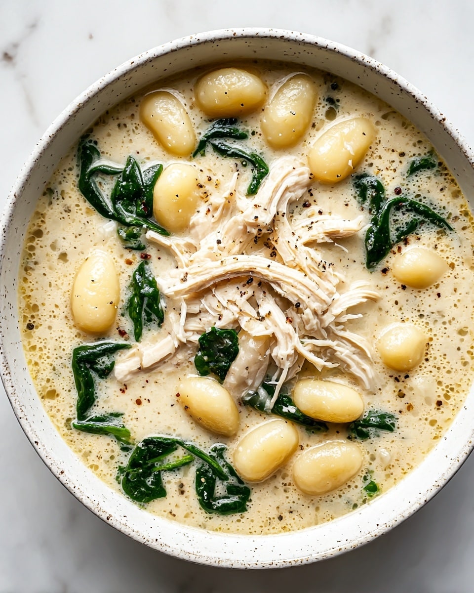 A bowl filled with creamy soup showing about three main layers: the base is a smooth, light beige cream broth with small oil droplets; floating on top are plump, pale yellow gnocchi pieces scattered evenly; and there are shredded pieces of tender white chicken and fresh dark green spinach leaves spread throughout, all topped with a sprinkle of coarse black pepper. The bowl is white and sits on a white marbled surface. photo taken with an iphone --ar 4:5 --v 7