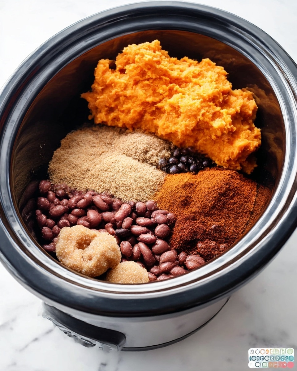 The image shows a slow cooker filled with several layers of ingredients. At the bottom, there is a layer of dark red beans and next to them black beans. On top of this, there is a light brown powder sprinkled over the beans and a dark reddish-brown powder next to it. To one side, there is a large scoop of bright orange mashed sweet potatoes. In the front part, there is a pile of light tan brown sugar with a small bite taken out of it. The slow cooker is placed on a white marbled surface. Photo taken with an iphone --ar 4:5 --v 7
