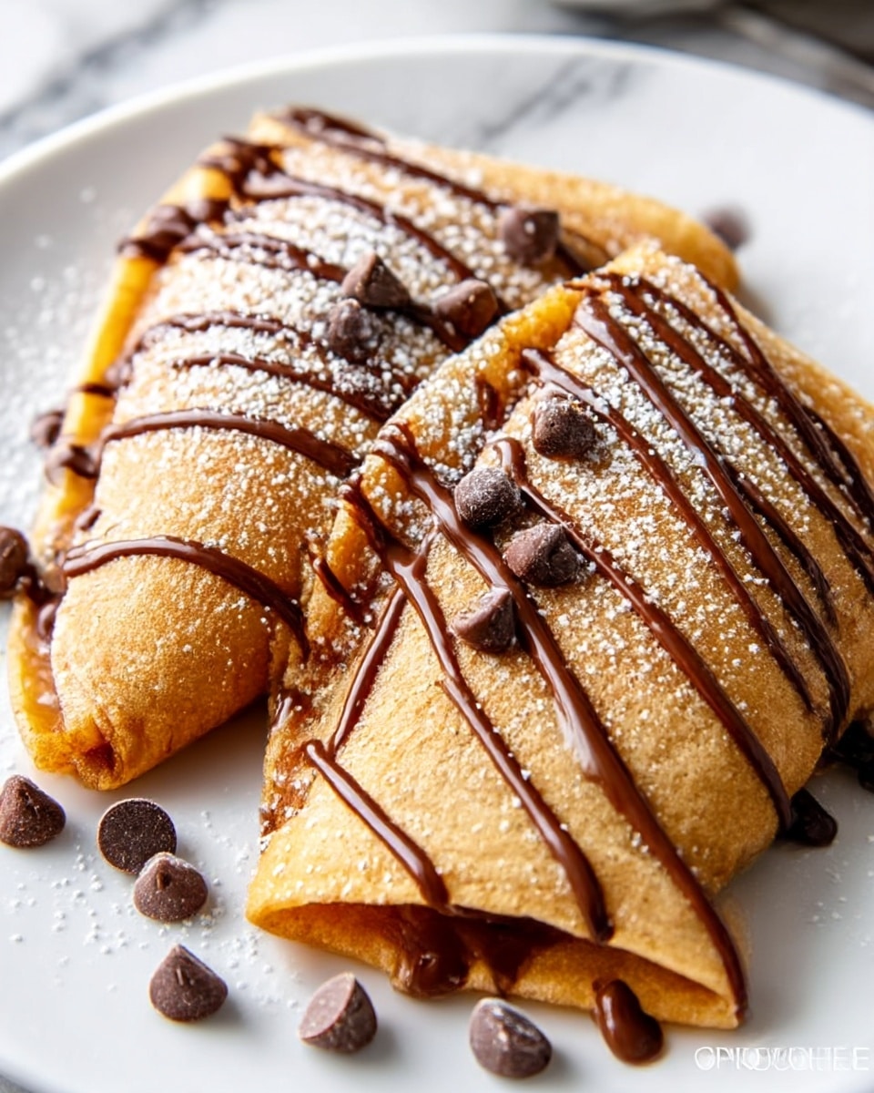 Two folded crepes sit on a white plate, each crepe layered with a light brown, soft texture, slightly crispy edges, and folded into triangles. The crepes are drizzled with smooth, dark milk chocolate sauce in thin lines that run across the top and plate, with small chocolate chips scattered on top. A light dusting of white powdered sugar covers the crepes, adding a soft touch to the overall look. The background shows a white marbled texture. Photo taken with an iphone --ar 4:5 --v 7