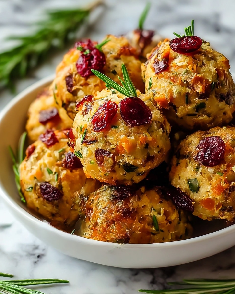 The image shows a white round plate filled with small, round bread balls that have a golden-brown crust. Each bread ball is mixed with bits of white onions, small orange carrot pieces, and bright red dried cranberries scattered on the surface. Green sprigs of rosemary are garnished around and on top of the bread balls, adding a fresh touch. The bread balls have a rough texture from the chopped vegetables and herbs with a toasted look on the edges. The plate sits on a dark wooden surface with some rosemary sprigs lying beside it, all placed on a white marbled texture. Photo taken with an iphone --ar 4:5 --v 7