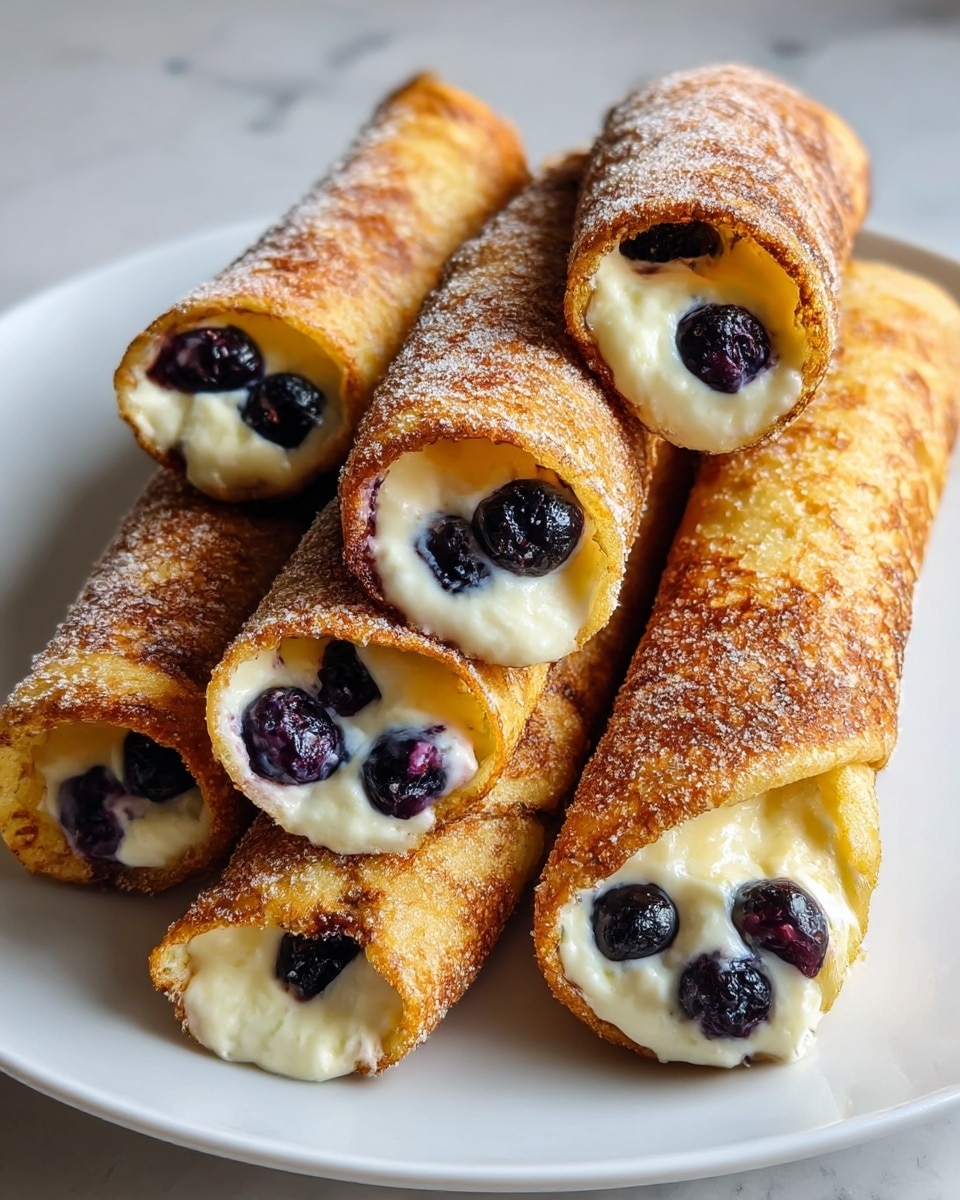 Five rolled crepes are stacked in a pyramid shape on a white plate. Each crepe is golden brown and crispy with a rough texture, coated with a layer of sugar. Inside, a creamy white filling mixed with whole, dark blue blueberries is visible at the open ends. The crepes have slightly burnt edges, adding a darker brown contrast to their surface. The plate sits on a white marbled texture. Photo taken with an iphone --ar 4:5 --v 7