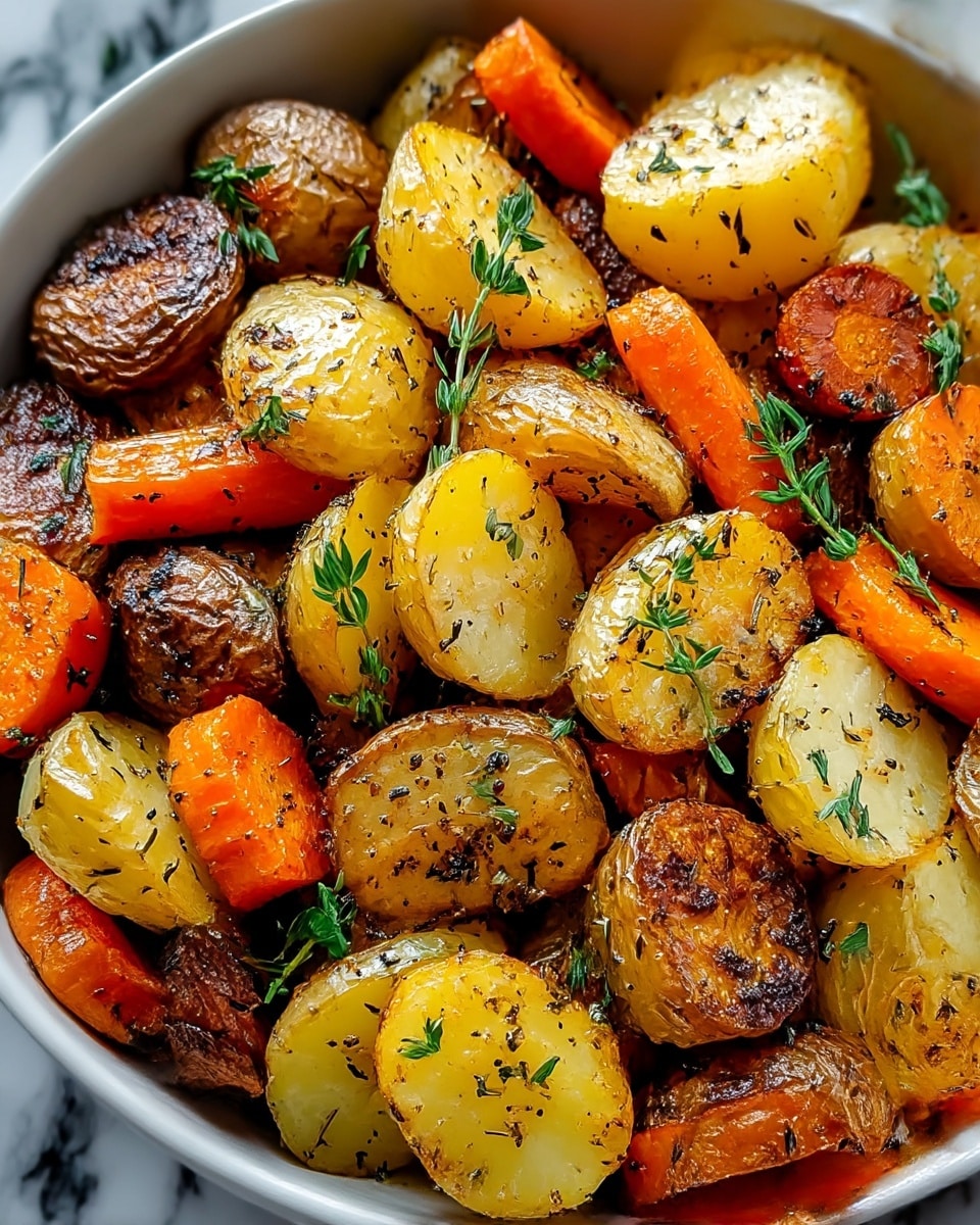 The image shows a close-up of a dish with roasted vegetables arranged in a single layer inside a white bowl. The main parts are golden-yellow potato halves with browned, crispy edges mixed with bright orange carrot slices that also have a slight char. Sprigs of fresh green herbs are scattered on top, adding a fresh touch. The vegetables look tender and slightly shiny from seasoning, showing bits of black pepper and dried herbs on their surfaces. The background is a white marbled texture. photo taken with an iphone --ar 4:5 --v 7