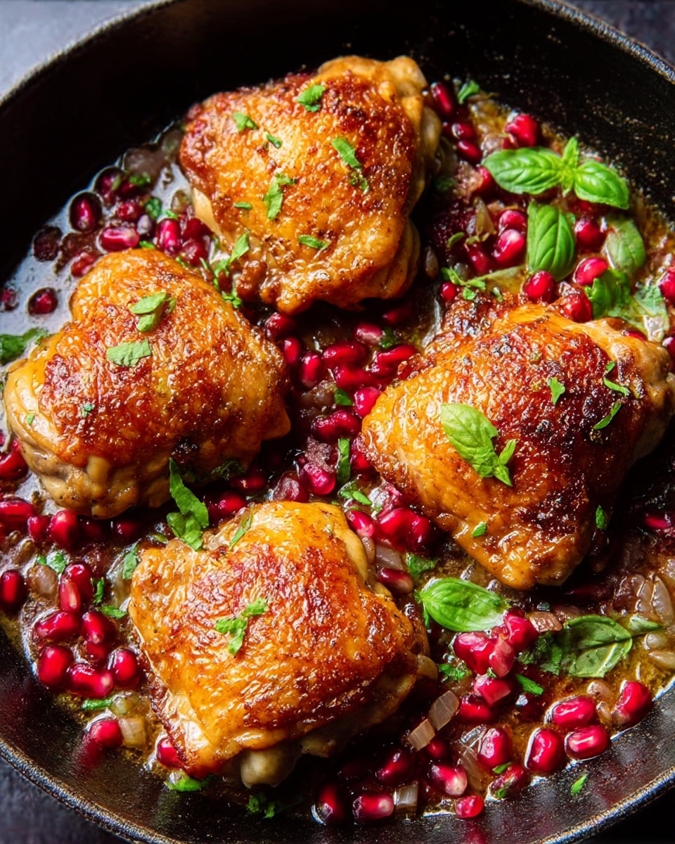 The image shows four golden brown chicken thighs with crispy skin, placed in a black pan. Surrounding the chicken are bright red pomegranate seeds and scattered basil leaves, adding splashes of green and red color. The chicken thighs sit on a sauce that looks rich and slightly oily, with some cooked diced onions visible. The overall look is warm and inviting, with a mix of textures from crispy skin, juicy sauce, and fresh herbs. photo taken with an iphone --ar 4:5 --v 7