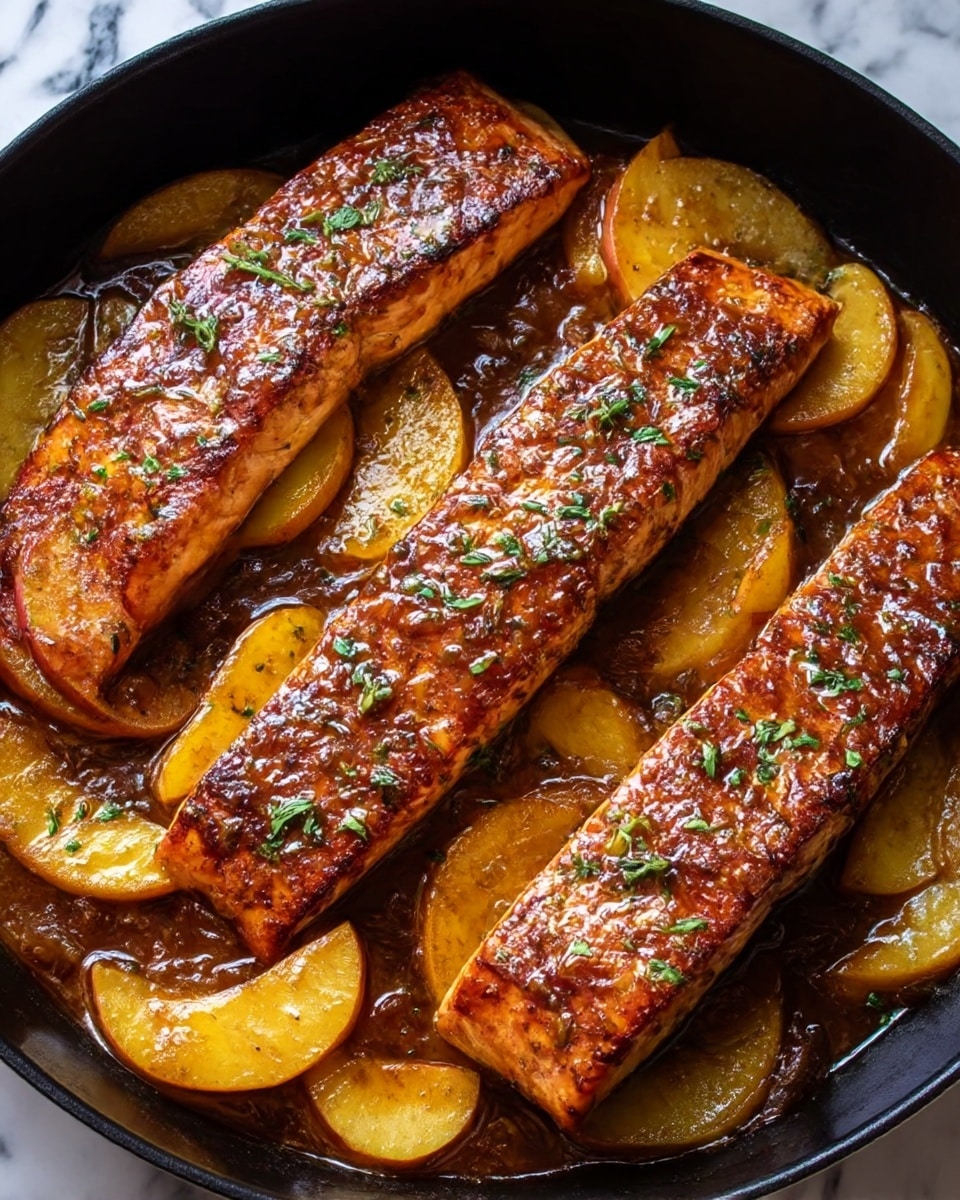 In a black skillet, there are three pieces of cooked fish fillets covered with a shiny, caramel-colored glaze. Each fillet is topped with golden yellow apple slices that have soft, browned edges, and the dish is sprinkled with small green herbs. The sauce looks thick and glossy, pooling around the fish and apples, with visible bits of spices or herbs. The overall look is warm and slightly sticky with rich colors of brown, yellow, and green. The skillet sits on a white marbled surface. photo taken with an iphone --ar 4:5 --v 7