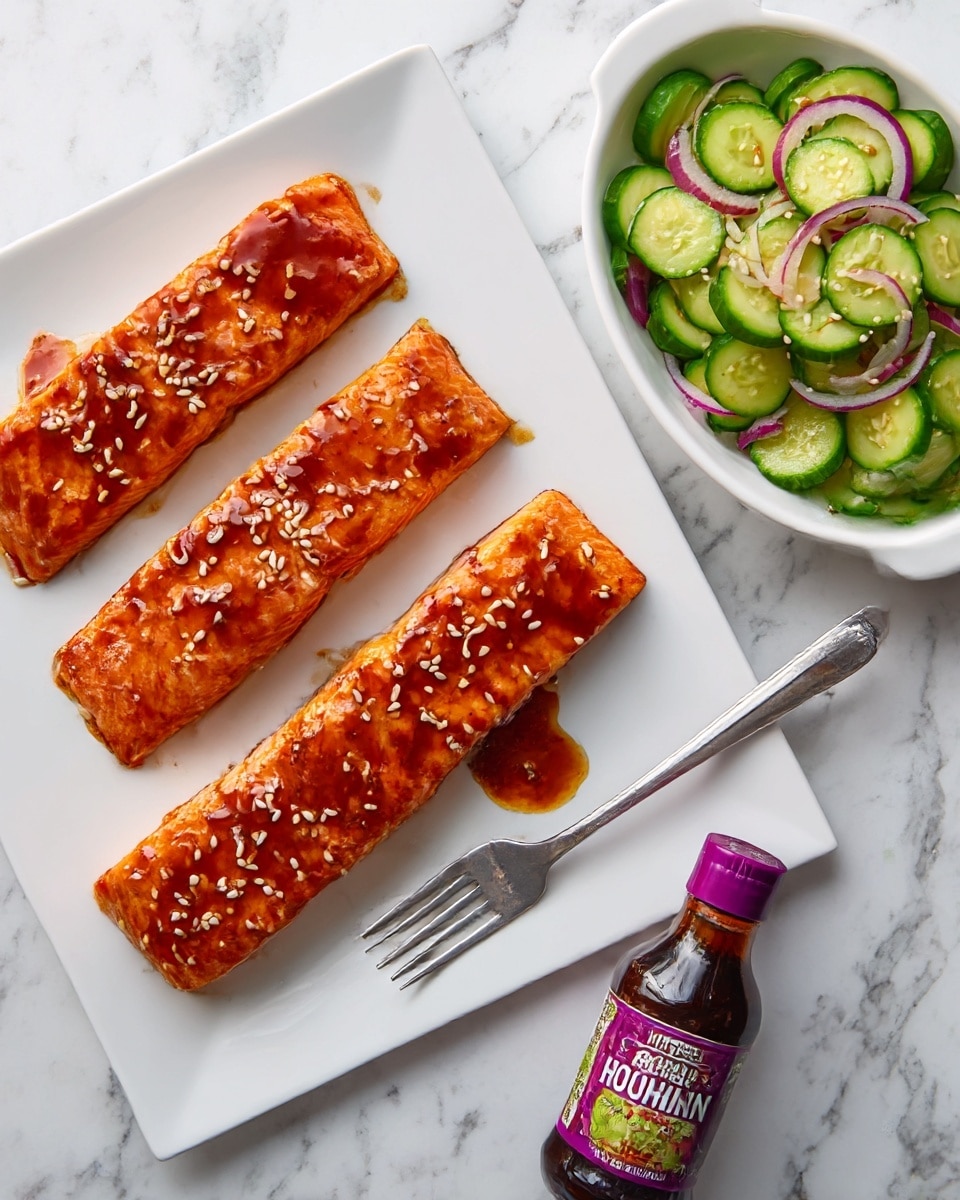 Four glazed salmon fillets laid out in a row on a large white square plate, each fillet topped with a shiny, reddish-brown glaze sprinkled with white sesame seeds. On the top right corner of the plate, there is a smaller white oval dish holding a cucumber salad with thick slices of green cucumber and thin rings of red onion. A silver fork rests diagonally on the plate near the bottom right salmon fillet. To the bottom right of the plate, a small bottle of gluten-free hoisin sauce with a purple cap and label is placed on a white marbled surface. photo taken with an iphone --ar 4:5 --v 7