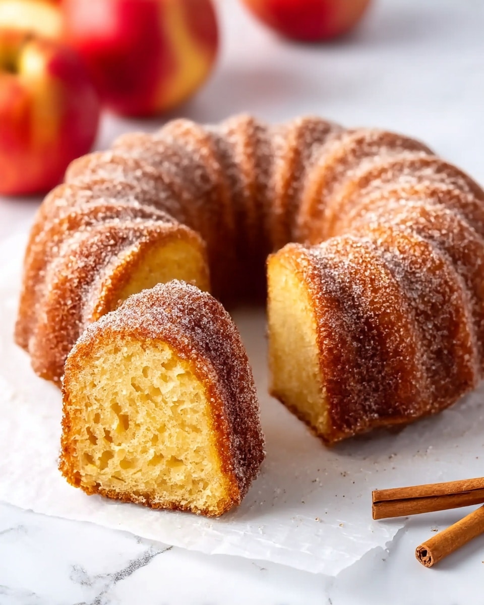 A single-layer Bundt cake with a golden brown exterior and a soft, yellow crumb inside is shown on white parchment paper over a white marbled surface. The cake's ridges are coated in a layer of granulated sugar, giving it a sparkling texture. A small wedge is cut out from the front, revealing the moist, dense inside. In the background, there are blurred red apples and cinnamon sticks, adding warm, cozy tones to the scene. Photo taken with an iphone --ar 4:5 --v 7