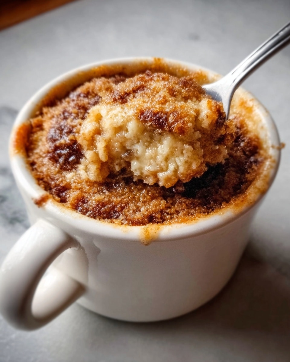 The image shows a small white mug filled with a baked dessert that has a golden brown, crumbly top layer with some darker brown spots, giving it a slightly caramelized look. Inside, the dessert looks soft and moist with a light yellow color, slightly visible where a silver spoon scoops some out from the right side. The mug sits on a white marbled surface, and the spoon is angled into the dessert, showing the texture clearly. Photo taken with an iphone --ar 4:5 --v 7