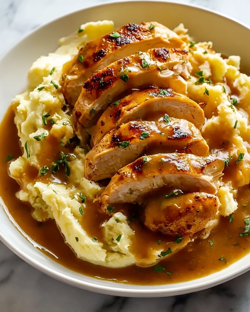 Chicken and Garlic Gravy with Cheesy Mashed Potatoes Recipe - Recipe Image