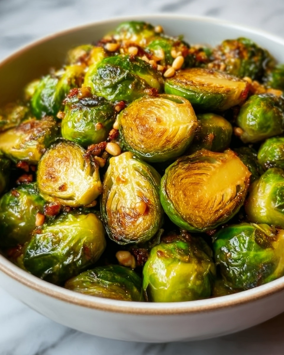 The image shows a close-up of a bowl filled with roasted Brussels sprouts. Each sprout has a mix of bright green and golden brown colors, showing a slightly crispy texture on the edges. The sprouts are coated with small bits of fried garlic or nuts, adding a crunchy look. The bowl is white and sits on a white marbled surface. The lighting highlights the shiny glaze on the sprouts, making them look fresh and tasty. photo taken with an iphone --ar 4:5 --v 7