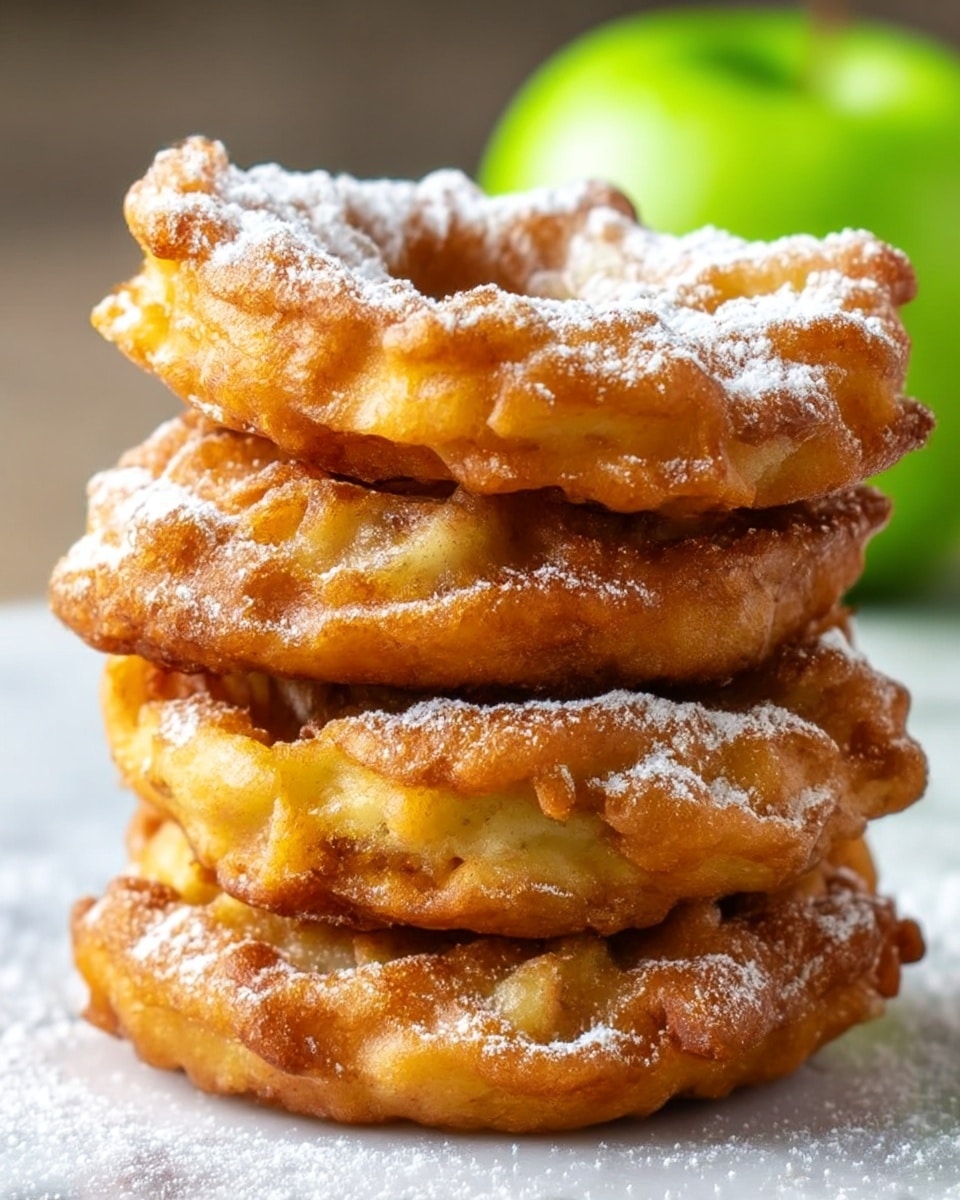 The image shows a stack of four golden-brown apple fritters piled on top of each other. Each fritter is thick with a rough, crispy texture and is dusted with a light layer of white powdered sugar, which also spreads onto the white marbled surface beneath them. The fritters have uneven, craggy edges with hints of apple pieces inside the batter. In the background to the right, a green apple is slightly blurred, adding a fresh color contrast. The overall look is warm and inviting. photo taken with an iphone --ar 4:5 --v 7