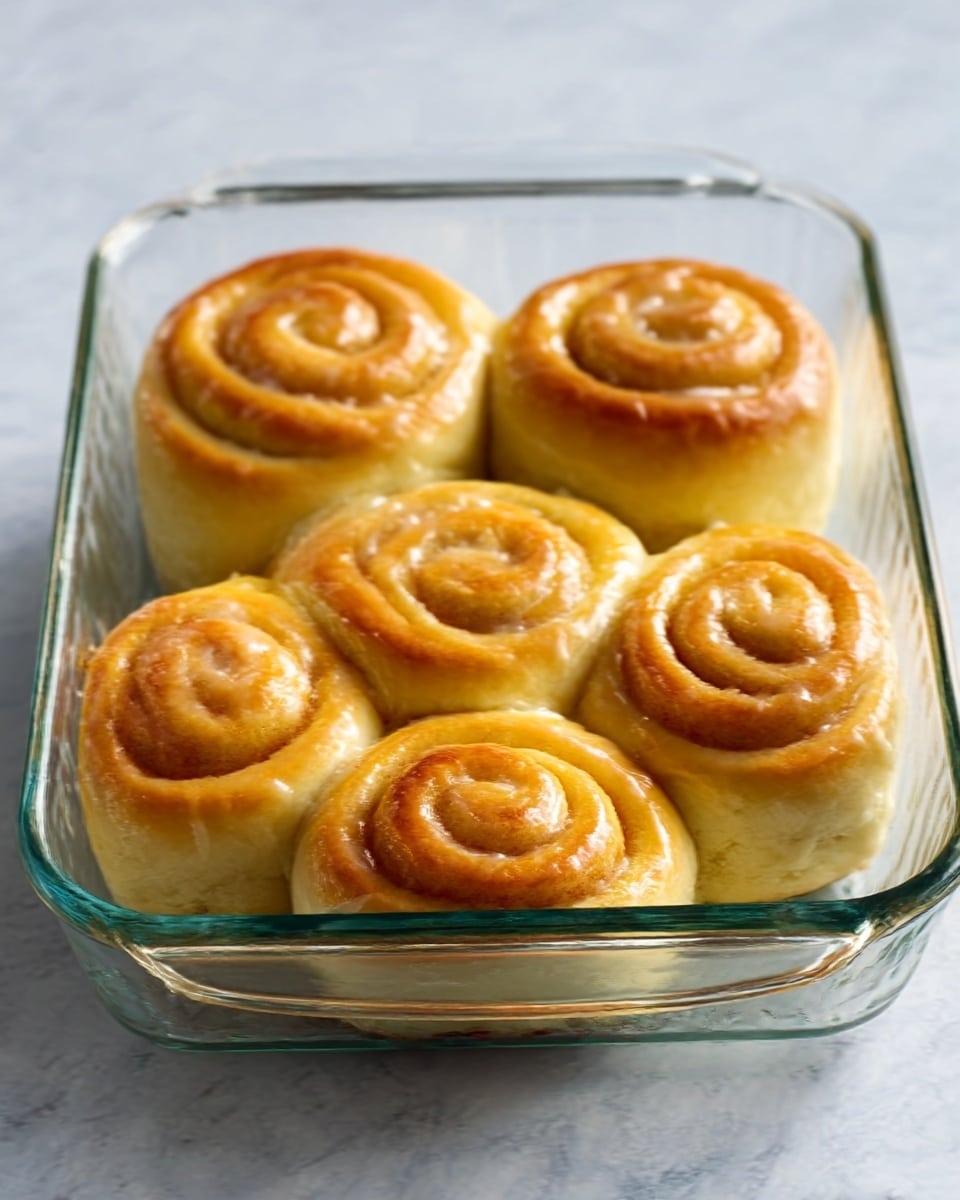 A clear glass baking dish with six golden brown cinnamon rolls arranged in two rows of three. Each roll has a spiral shape with a lightly toasted outer edge and soft, fluffy inner layers visible from above. The rolls have a shiny, slightly glazed surface showing a light yellow and golden color gradient. The dish sits on a white marbled texture background, and the lighting highlights the warm, fresh-baked look of the rolls. Photo taken with an iphone --ar 4:5 --v 7