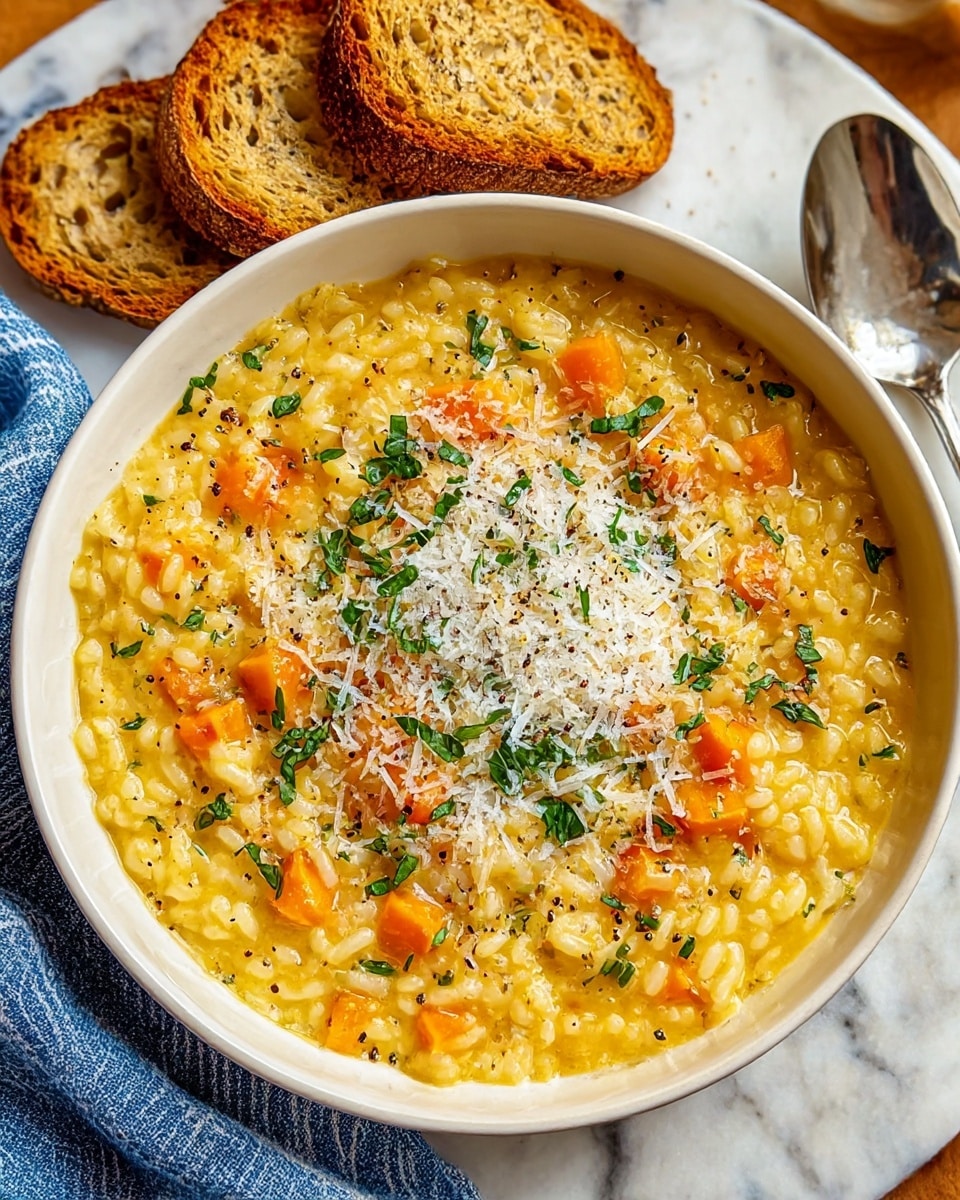 A close-up of a bowl filled with thick, creamy risotto that is golden yellow in color with visible small chunks of orange carrots mixed throughout. The risotto is topped with a sprinkle of finely grated white cheese and small pieces of green herbs, likely parsley, with some black pepper specks scattered on top. The bowl is a light neutral color placed on a blue and white striped cloth on a wooden surface, surrounded by slices of toasted bread. A silver spoon rests next to the bowl. The background surface is a white marbled texture. Photo taken with an iphone --ar 4:5 --v 7