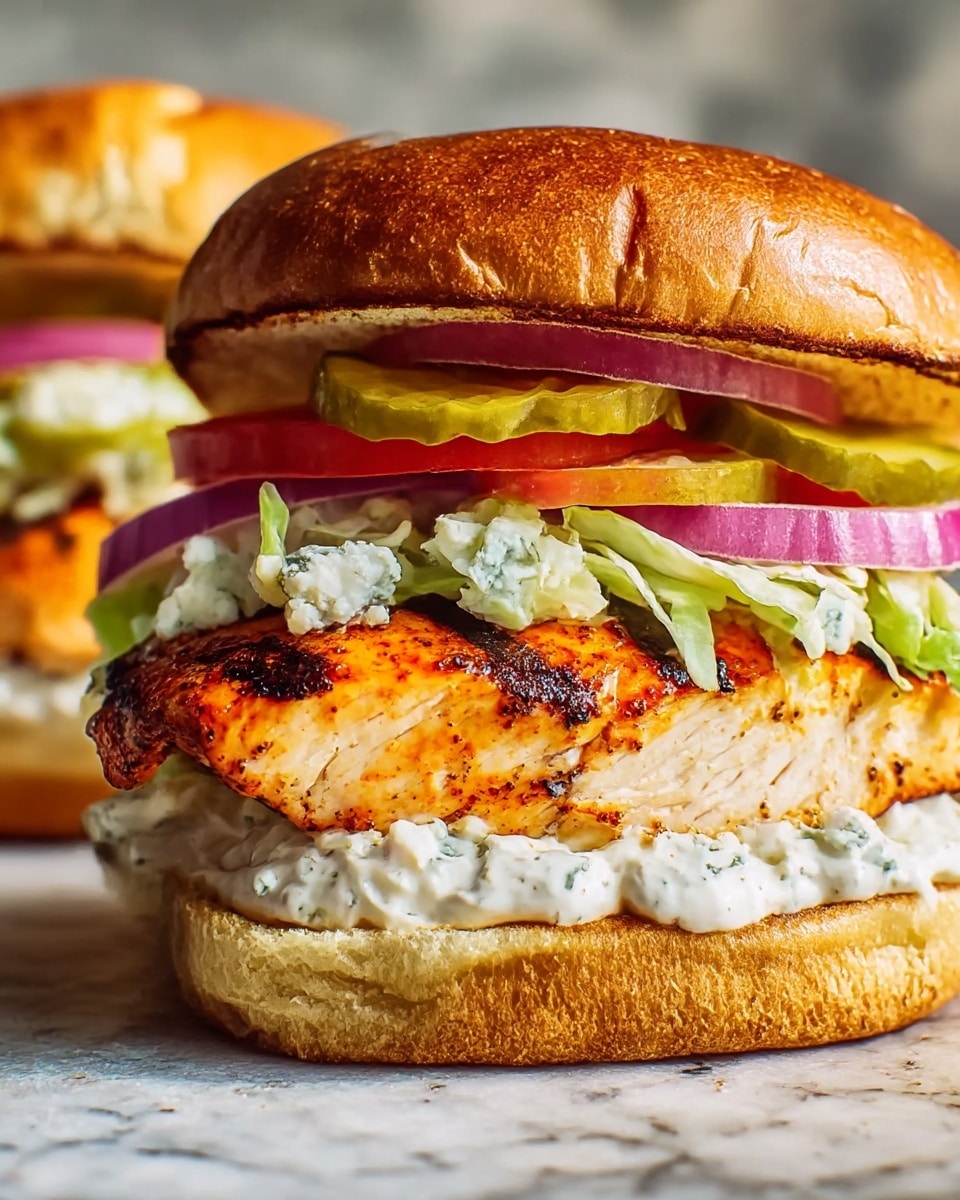 This image shows a close-up of a sandwich with two thick layers of soft, golden-brown toasted buns. The bottom bun is covered with creamy white sauce. On top of the sauce is a charred, spicy grilled chicken breast with an orange and blackened texture. Above the chicken is a layer of creamy, light green coleslaw with visible thin cabbage strips. Next are thinly sliced red onions and two green pickle slices, followed by a bright red tomato slice. The top bun rests gently on the tomato, completing the sandwich. The sandwich sits on a dark, rustic surface with another sandwich blurred in the background. photo taken with an iphone --ar 4:5 --v 7