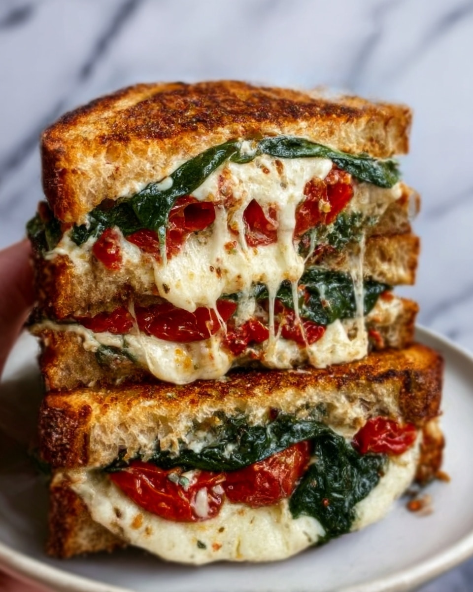 A close-up photo of a stack of three grilled cheese sandwiches on a white plate. Each sandwich is cut in half diagonally, showing melted white cheese, red tomato slices, and green spinach leaves inside. The bread is toasted golden brown with a crispy texture and some browned spots. The sandwiches are stacked unevenly, with the top one slightly tilted, revealing the gooey cheese stretching between layers. The background is a white marbled surface, and a woman's hand is holding the side of the top sandwich. Photo taken with an iphone --ar 4:5 --v 7