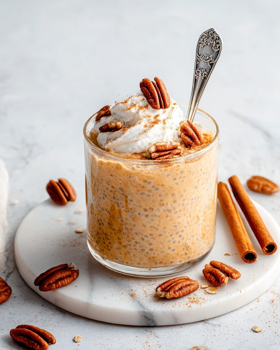 A clear glass holds a creamy, light orange oatmeal mixture with visible chia seeds spread evenly inside. On top, there is a swirl of white whipped cream garnished with several whole and chopped brown pecans and a light dusting of cinnamon powder. A silver spoon with an engraved floral design stands upright in the oatmeal. The glass sits on a round white marble board, which also has two cinnamon sticks lying next to the glass, and scattered brown pecans around it. The background is a smooth white marbled texture. photo taken with an iphone --ar 4:5 --v 7