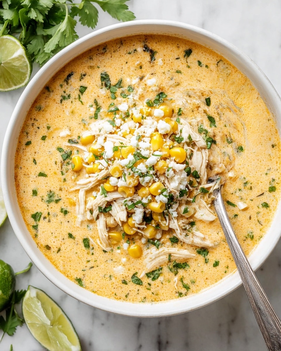 A deep white bowl filled with a creamy, light orange soup that has a smooth texture, sprinkled with small green herbs throughout. Inside the soup, there is a thick layer in the center made of shredded white chicken, bright yellow roasted corn kernels, chopped green herbs, and crumbled white cheese on top. A large silver ladle rests on the right side inside the bowl, with some soup inside it. The bowl is placed on a white marbled surface with some green leafy herbs and sliced lime wedges seen around. photo taken with an iphone --ar 4:5 --v 7