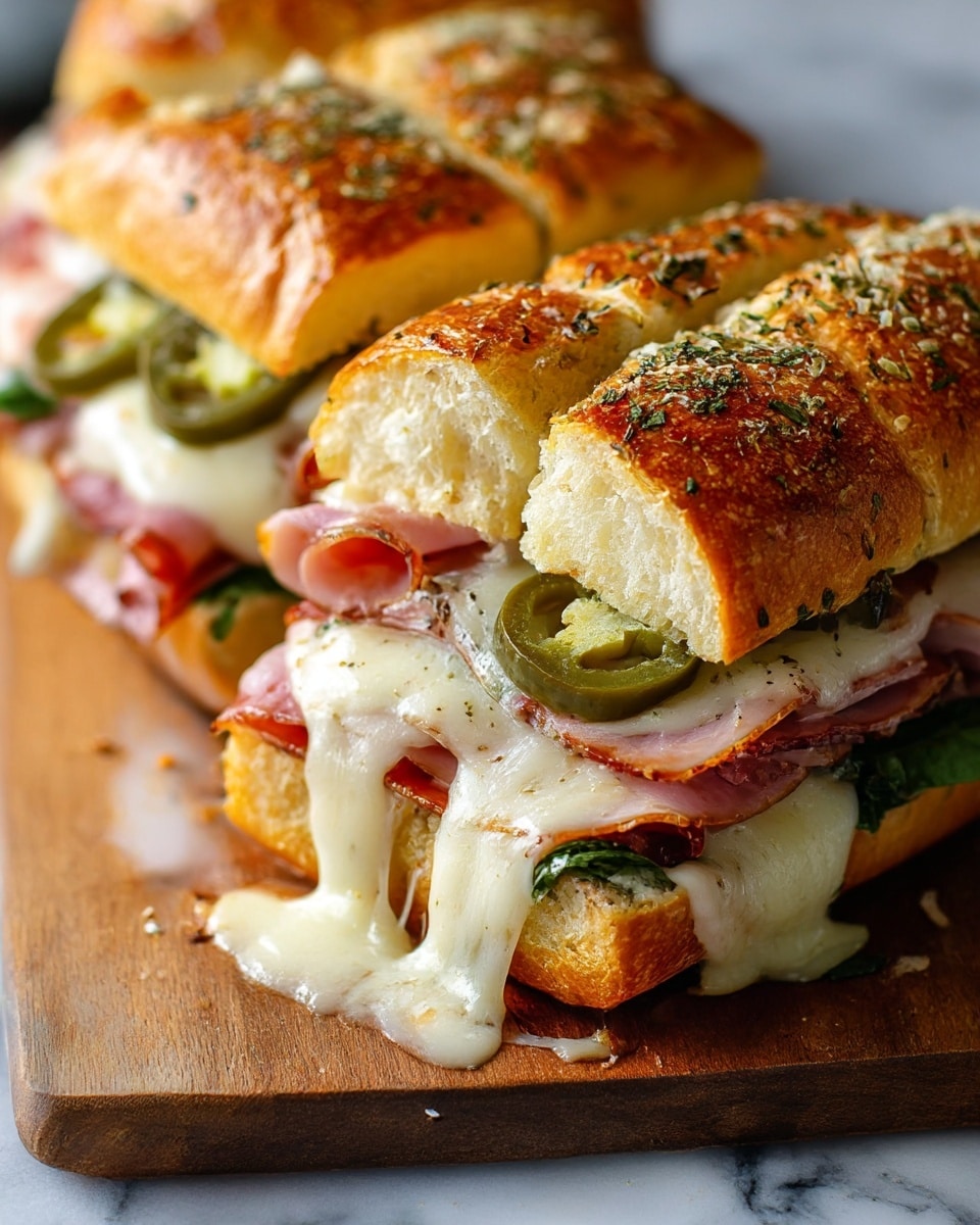 The image shows a close-up of a sandwich cut into sections, placed on a wooden board over a white marbled texture. The sandwich has a golden brown crusty top bun sprinkled with herbs and cheese. Inside, there are layers of thinly sliced pink ham, melted white cheese oozing out with stretchy texture, and green jalapeño slices visible on top. Some leafy green vegetables peek from under the cheese. The sandwich looks toasted and warm, with the melted cheese dripping down slightly. Photo taken with an iphone --ar 4:5 --v 7