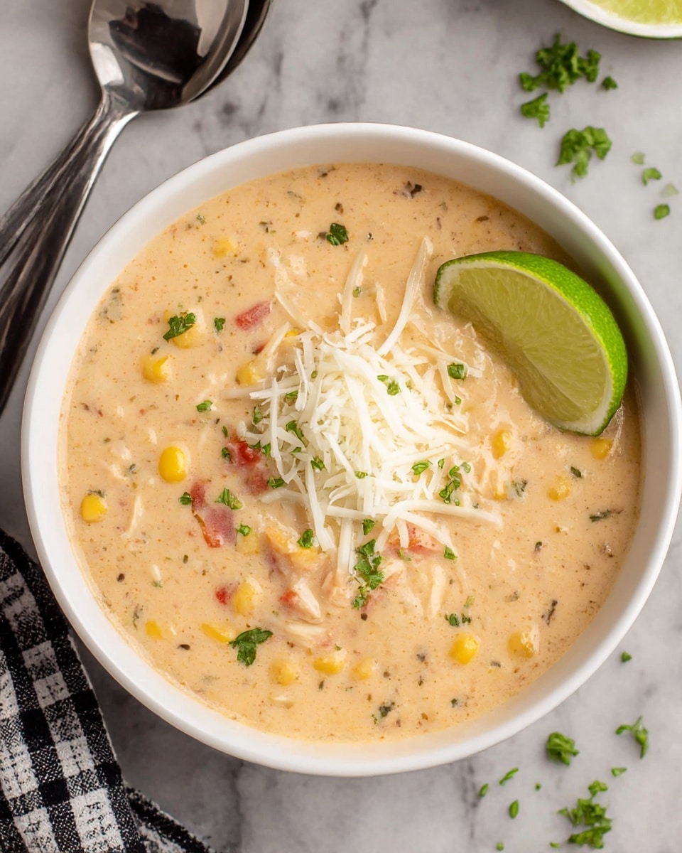 A white bowl filled with creamy, thick soup that has a beige color with specks of red, yellow, and green bits throughout, showing chunks of corn and small pieces of tomato or pepper. On top, there is a small mound of shredded white cheese melting slightly into the soup, and a bright green lime wedge rests on the right side. Small green herb pieces are sprinkled on top and around the soup, adding color contrast. The bowl sits on a white marbled surface with two metal spoons nearby and a cloth with a black-and-white check pattern partially visible. photo taken with an iphone --ar 4:5 --v 7
