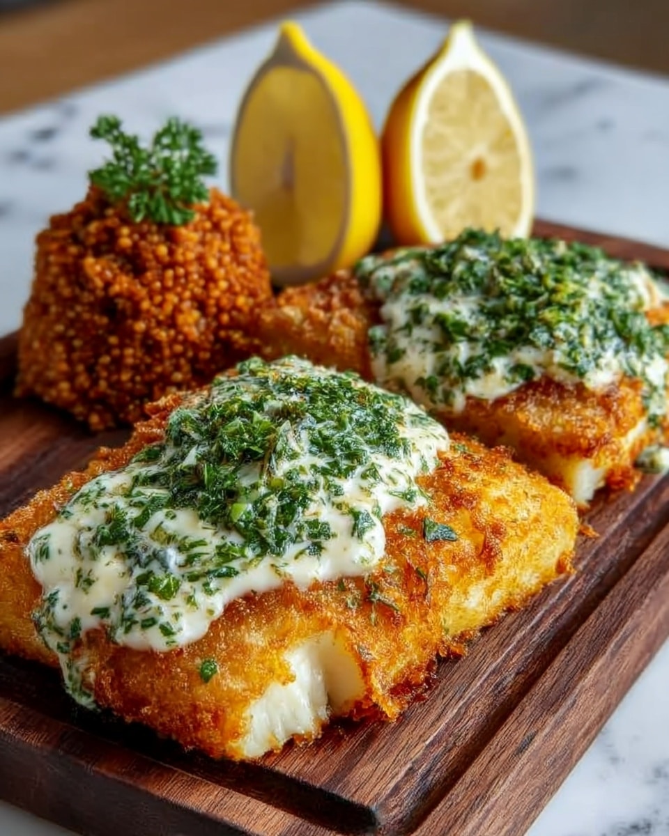 The image shows two thick pieces of breaded and fried fish with a golden, crispy outer layer topped with finely chopped green herbs. Behind the fish are lemon wedges with bright yellow and white colors. To the left, there is a textured side dish with a warm, burnt orange color. All of this is served on a rustic wooden tray placed on a white marbled surface. The fish's crispy texture contrasts with the soft lemon wedges and the crumbly side dish. Photo taken with an iphone --ar 4:5 --v 7