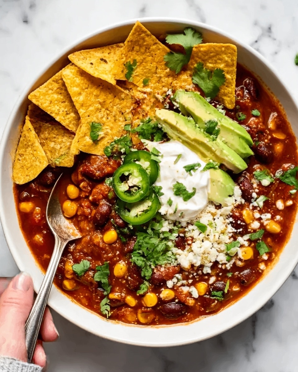 The image shows a white bowl filled with thick chili that has visible layers of brown beans, corn, and a rich red sauce with a chunky texture. On top of the chili, there is a layer of golden yellow tortilla chips arranged around the edges. Slices of green jalapeno peppers and light green avocado are neatly placed beside a dollop of white sour cream in the center. Crumbled white cheese is sprinkled over the dish along with small green cilantro leaves for garnish. A spoon is placed inside the bowl on the left side, and a woman's hand is delicately holding the spoon. The bowl is set on a white marbled surface. Photo taken with an iphone --ar 4:5 --v 7