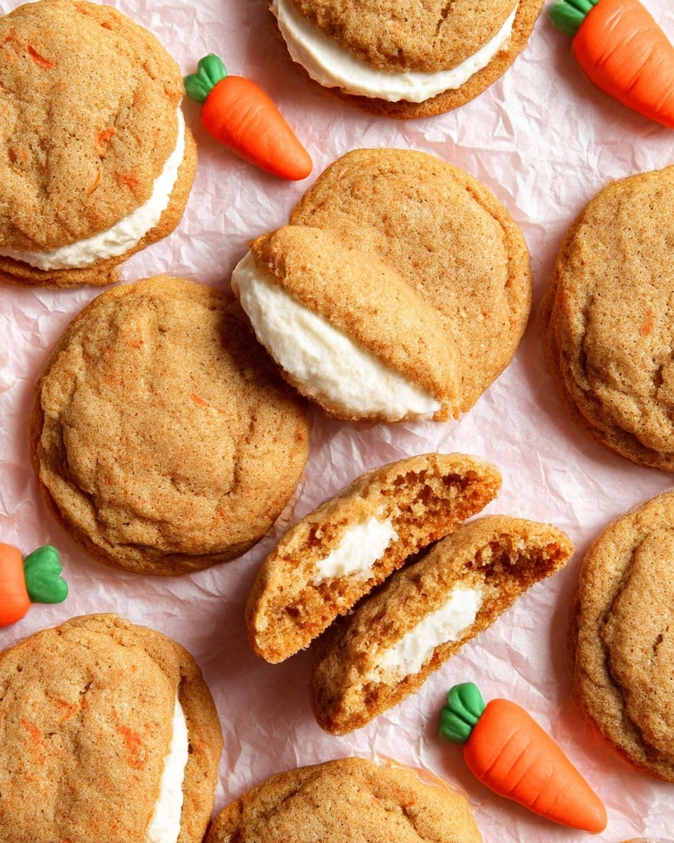 A close-up view of soft, round carrot cake cookies arranged on crumpled parchment paper, each cookie showing a light golden brown color with visible orange carrot bits mixed in. Two cookies are broken open, revealing a creamy white cream cheese filling inside, that adds a thick, smooth layer in the middle. Small, smooth orange carrot-shaped decorations with green tops are scattered around the cookies. The background is a white marbled texture, creating a clean and bright feel. photo taken with an iphone --ar 4:5 --v 7