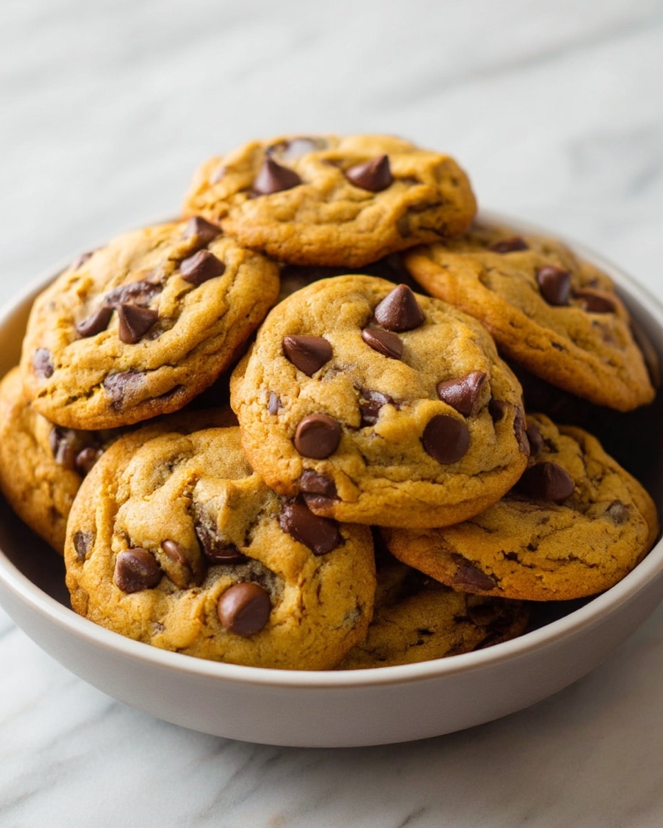 A round white bowl is filled with a stack of golden brown chocolate chip cookies, each cookie showing a soft and slightly chewy texture with many dark chocolate chips embedded on the surface and inside. The cookies have a slightly uneven but natural shape, some on top resting casually at different angles, giving a cozy and inviting look. The background features a white marbled texture that contrasts softly with the warm tones of the cookies. photo taken with an iphone --ar 4:5 --v 7