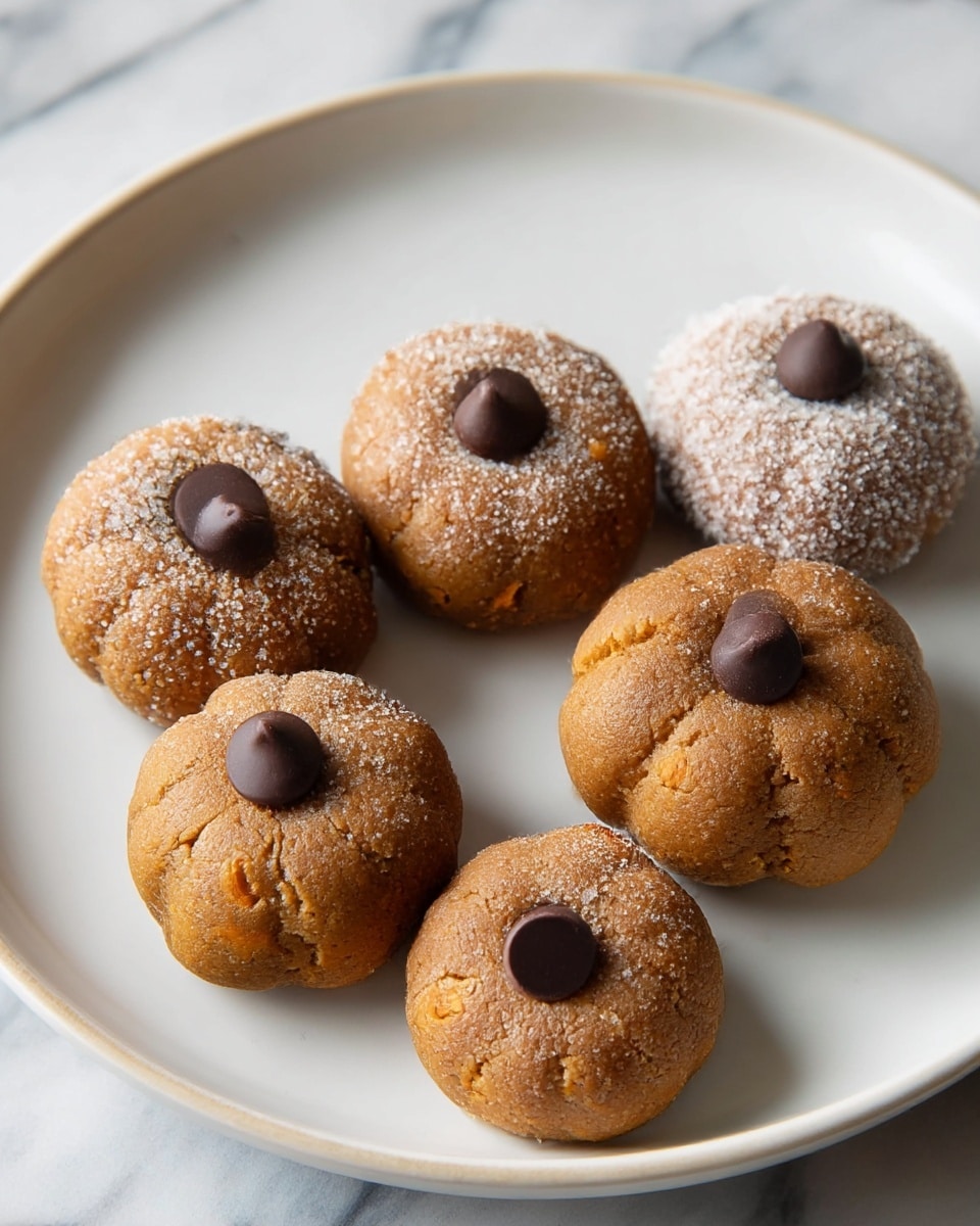 A white plate holds five small pumpkin-shaped treats arranged loosely in a circle. Each treat has a smooth, brown base layer with slight cracks and small orange flecks, representing the pumpkin flesh. Three of these treats are dusted lightly with a fine, white sugar coating, adding a textured contrast to the otherwise matte surface. Each treat is topped with a single dark brown chocolate chip set in the center, mimicking a pumpkin stem. The plate rests on a white marbled texture surface, and the photo is taken with an iphone --ar 4:5 --v 7