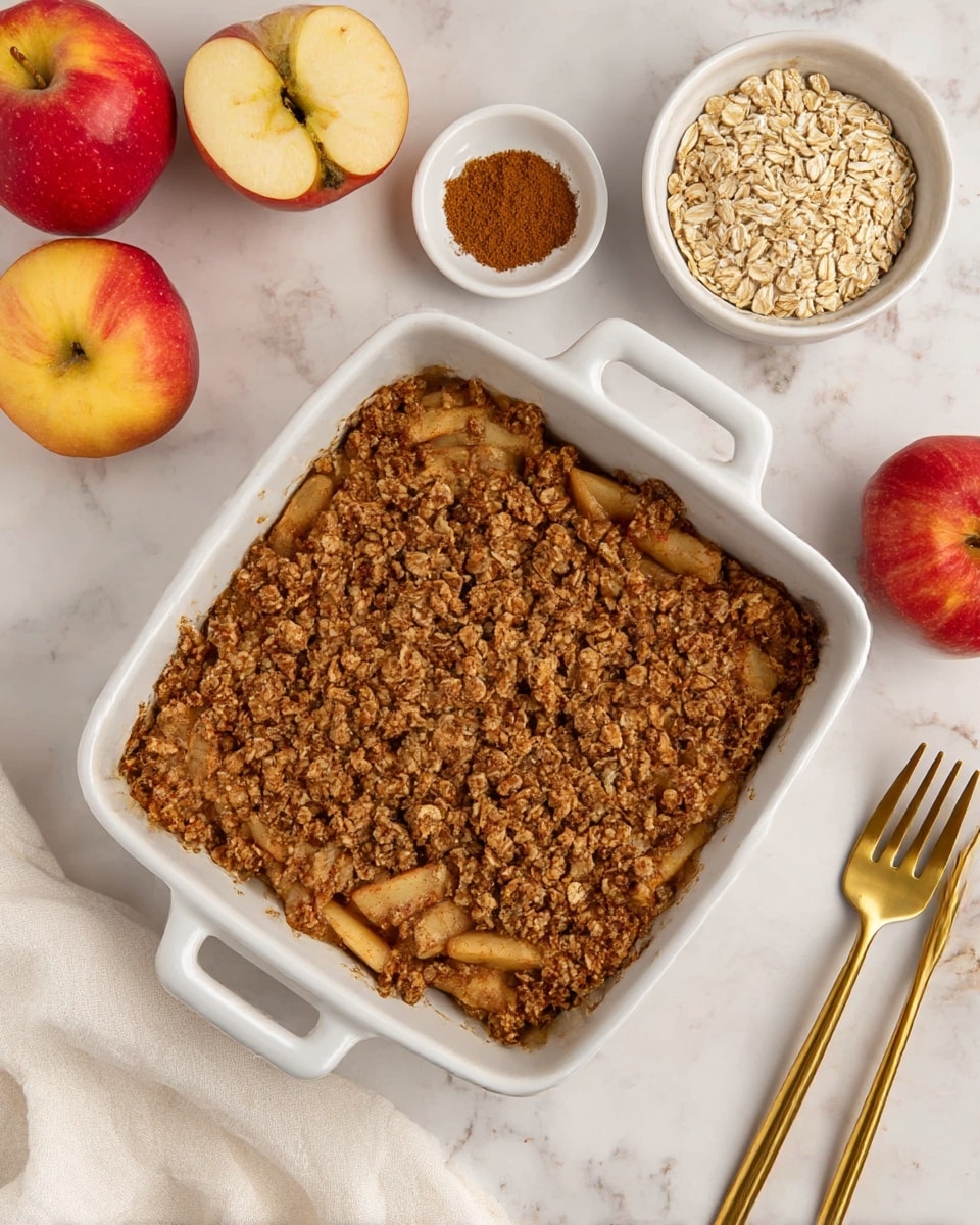 The image shows a baked apple crumble in a white square casserole dish with handles on each side. The dish has two main layers: the bottom layer is made of sliced cooked apples, light brown with some soft texture visible, and the top layer is a thick, crumbly oat mixture, golden to dark brown with a rough texture covering the apple slices unevenly. Around the dish, there are whole red and yellow apples, a small white bowl of ground cinnamon, a white bowl filled with rolled oats, and two gold forks placed on a white marbled surface. A white cloth is partially visible near the bottom left corner. photo taken with an iphone --ar 4:5 --v 7