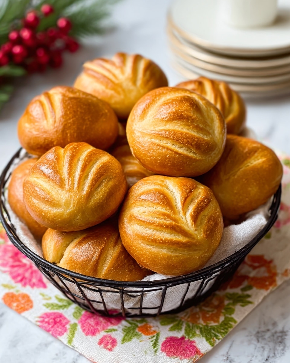 A black metal basket holds about ten small, round bread rolls with a light golden-brown crust and distinct curved slash marks on top. The bread has a soft, slightly textured surface and is stacked in a loosely piled layer filling the basket. The basket sits on a table covered with a floral cloth featuring pastel green, pink, and yellow leaf and flower patterns. Part of a white plate and a blurred white container also appear on the white marbled textured surface in the background. Photo taken with an iphone --ar 4:5 --v 7
