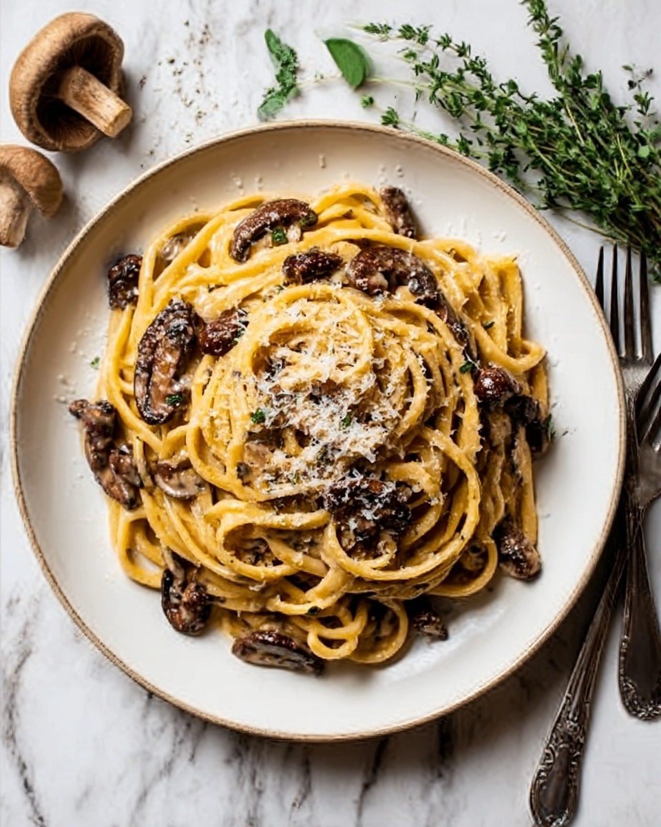 A white plate filled with a nest of thick, creamy pasta noodles mixed with dark brown mushrooms and a sprinkle of grated cheese on top. The pasta looks glossy with sauce, and the mushrooms add a rich texture scattered all over. The setting shows a white marbled surface with a silver fork on the right side and a sprig of fresh green herbs nearby. Photo taken with an iphone --ar 4:5 --v 7