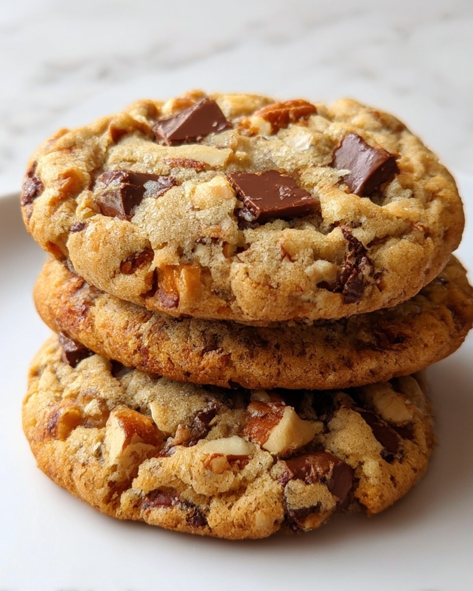 Three golden-brown cookies sit stacked on a white plate with a white marbled background. Each cookie has a rough texture with visible cracks and chunks of melted milk chocolate and pecan nuts scattered throughout the surface. The chocolate chunks are deep brown and glossy, while the pecans show a warm, reddish-brown color with a slightly rough surface. The cookies have a thick, chewy look with some areas slightly puffed and others crisped along the edges. Photo taken with an iphone --ar 4:5 --v 7