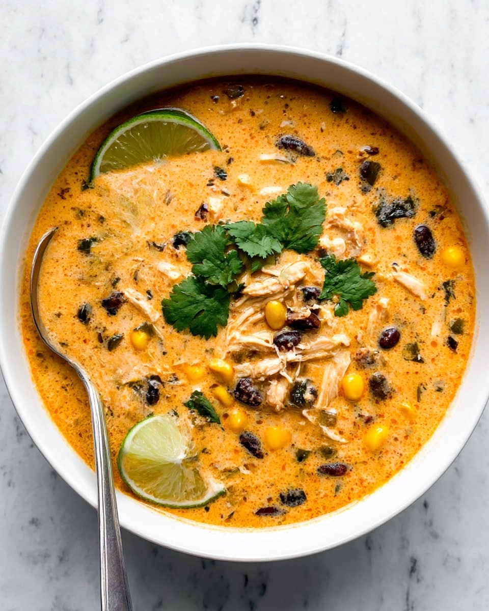 A white bowl filled with creamy orange soup that has small pieces of shredded chicken, black beans, corn, and green vegetable bits mixed throughout. On top, there are fresh green cilantro leaves placed in the middle and two lime wedges on one side. A silver spoon rests on the left edge inside the bowl. The bowl is set on a white marbled surface. photo taken with an iphone --ar 4:5 --v 7
