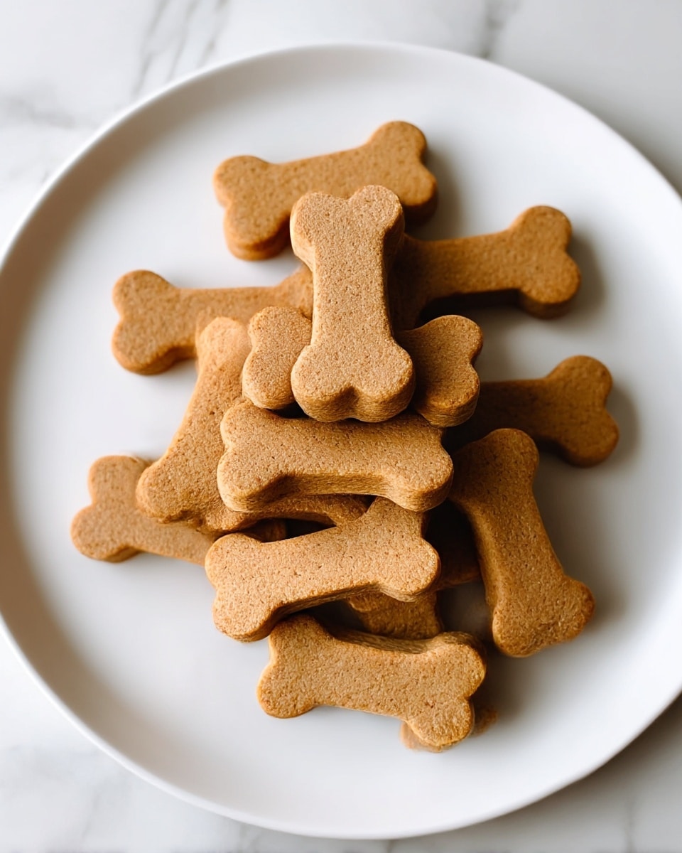 A white plate filled with a pile of bone-shaped dog treats. Each treat is a solid light brown color with a smooth, slightly grainy texture and rounded edges. The treats overlap each other, creating a small stack in the center of the plate. The plate sits on a white marbled surface, giving a clean and simple background. photo taken with an iphone --ar 4:5 --v 7