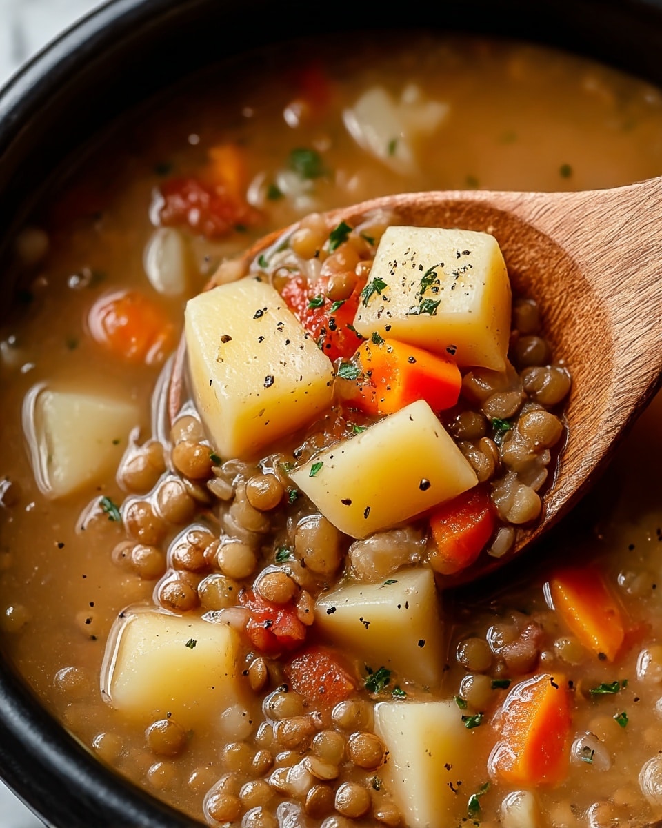 A close-up view of a thick vegetable lentil soup inside a dark bowl on a white marbled texture. The soup has layers of small round brown lentils scattered throughout a warm, light brown broth. Chunks of pale yellow and white potatoes are distributed evenly, along with bright orange carrot pieces and small bits of red tomato. Sprinkled green herbs and tiny black pepper spots add texture on top. A wooden spoon scoops some soup from the side, lifting several potatoes and lentils. photo taken with an iphone --ar 4:5 --v 7