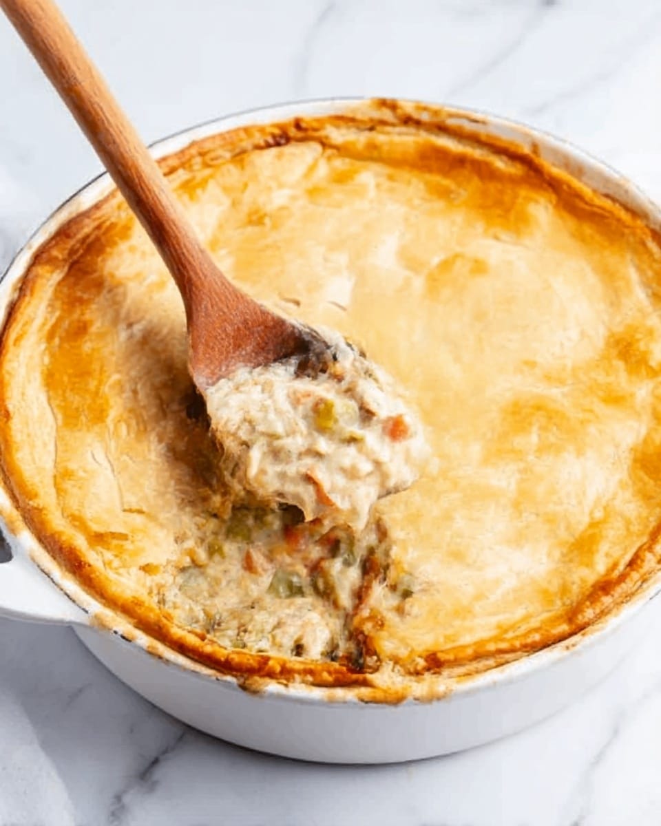 A white round dish filled with a golden brown crust on top, flaky and smooth with a slight shine, covering a creamy filling underneath that includes visible bits of green and orange vegetables and chunks of chicken. A wooden spoon is scooping out a serving, showing the thick, creamy, and chunky inside. The dish is placed on a white marbled surface. photo taken with an iphone --ar 4:5 --v 7