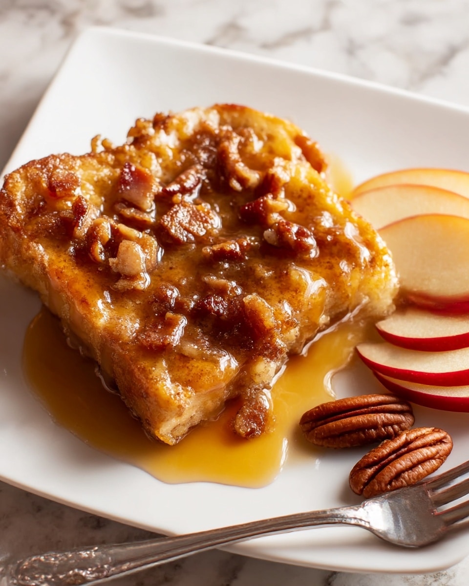 A single thick slice of golden-brown French toast sits at the center of a white square plate, topped with shiny caramelized bacon pieces and scattered crunchy pecans, all glistening with amber syrup pooling slightly beneath the toast. To the right edge of the plate are thin, red-striped apple slices neatly arranged in a fan shape alongside a couple of whole pecans. A silver fork rests at the bottom edge of the plate, partially under the toast. The scene is set on a white marbled textured surface. Photo taken with an iphone --ar 4:5 --v 7