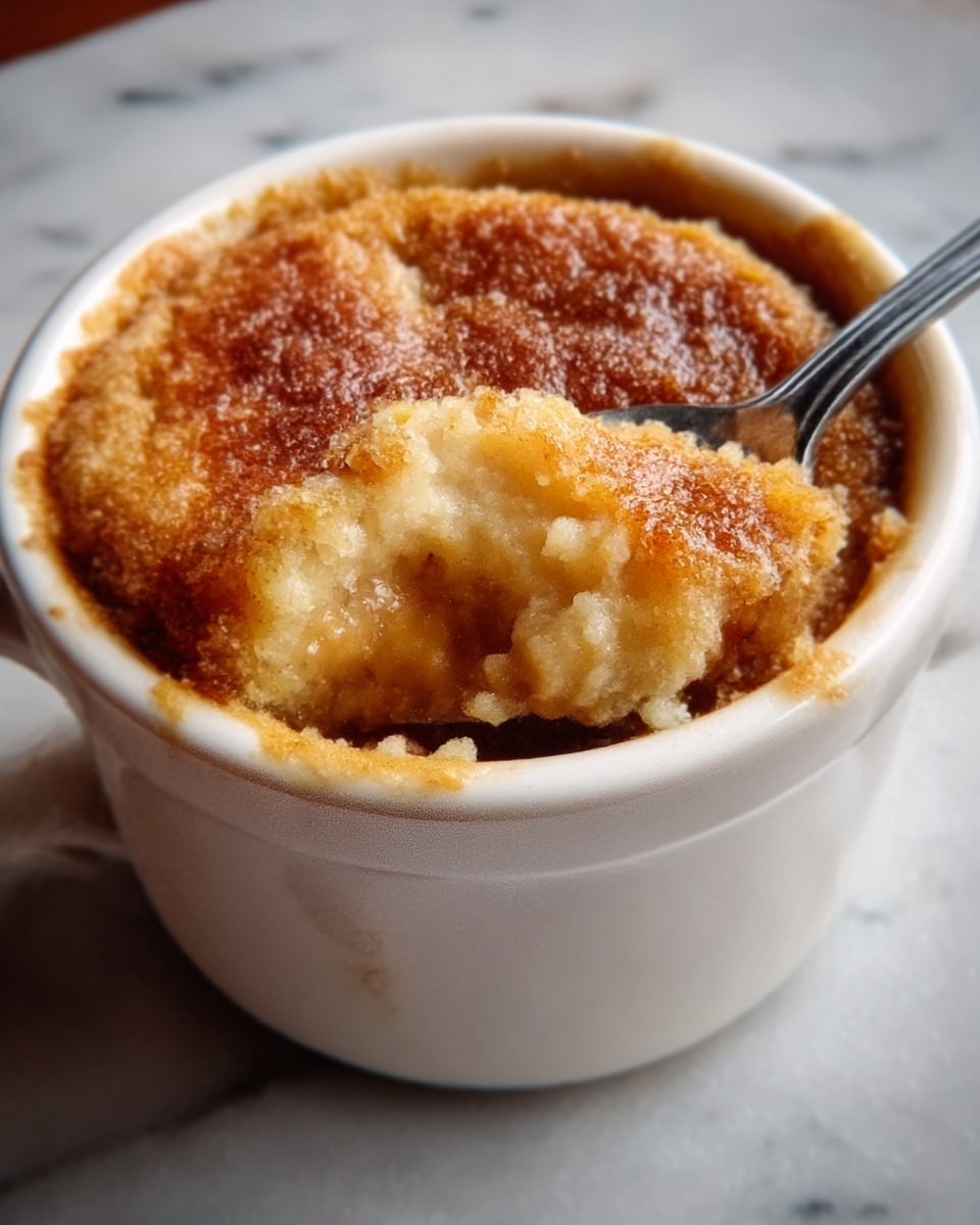 A close-up view of a small white ceramic cup filled with a golden-brown baked dessert featuring a crumbly, slightly crispy top layer that looks soft and moist underneath. A silver spoon is in the cup, breaking through the top layer, revealing a smooth, thick texture inside with a warm, slightly gooey appearance. The cup sits on a white marbled surface. Photo taken with an iphone --ar 4:5 --v 7