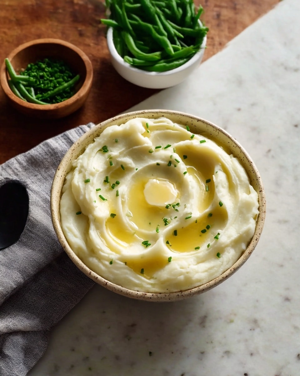 A bowl of smooth white mashed potatoes swirled into soft peaks, each peak topped with a small melting pat of light golden yellow butter that pools slightly into the creamy texture. Small green specks of chopped chives are sprinkled evenly over the top. The round bowl is rustic beige with speckles and sits on a white marbled texture surface with a folded gray and white napkin underneath it, next to a black spoon. Nearby, a white bowl filled with bright green steamed green beans and a smaller wooden bowl containing finely chopped chives add fresh green color to the scene. Photo taken with an iphone --ar 4:5 --v 7
