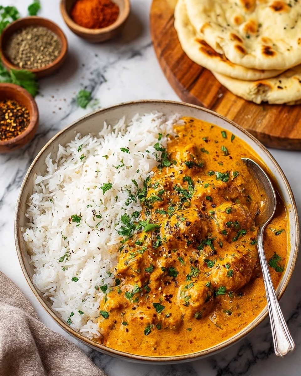 The image shows a bowl filled halfway with white fluffy rice and the other half with creamy orange curry containing chunks of meat, all sprinkled with chopped green herbs and black pepper. A silver spoon rests on the right side in the curry. In the background, there are pieces of naan bread on a wooden board and some small bowls of spices, all set on a white marbled surface. Photo taken with an iphone --ar 4:5 --v 7
