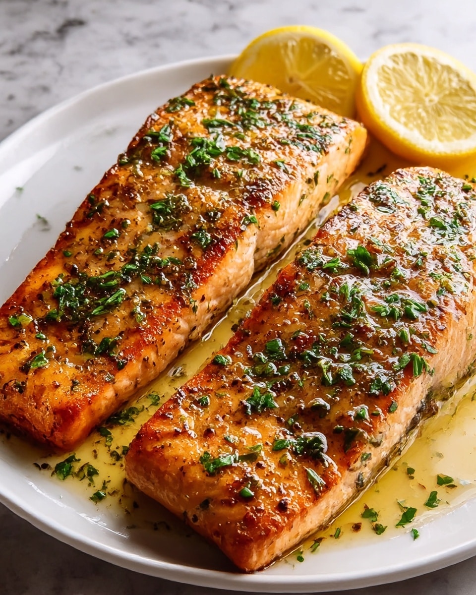 Two thick salmon fillets sit side by side on a white plate, cooked with a golden brown crust that shows slight char marks and a glossy layer of oil and butter. The surface of the salmon is sprinkled with small green bits of fresh herbs and cracked black pepper. Behind the fillets, two lemon wedges add a soft yellow contrast. The plate rests on a white marbled textured surface. photo taken with an iphone --ar 4:5 --v 7