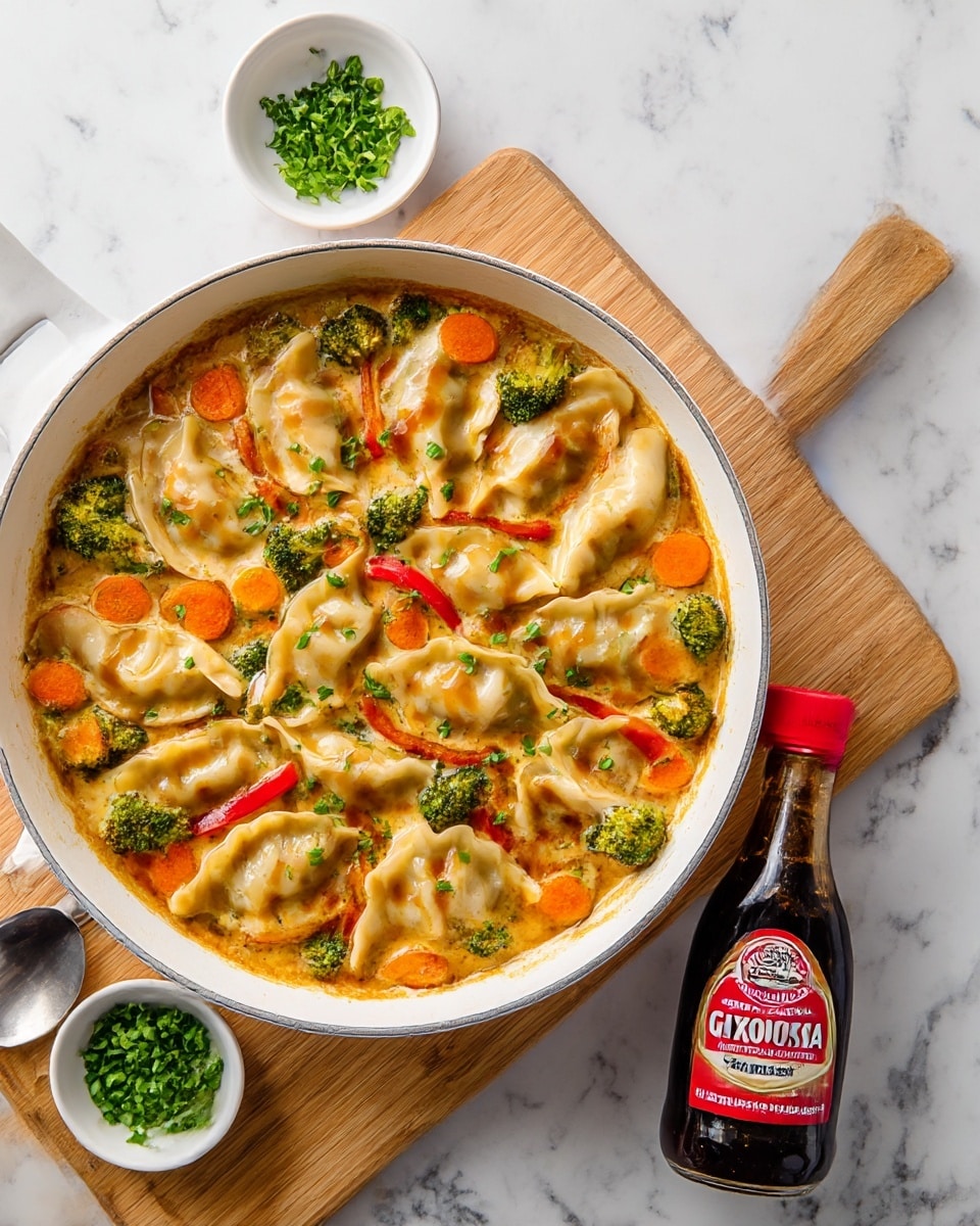 A white skillet filled with a creamy orange sauce, layered with golden-brown gyoza dumplings arranged in a circular pattern on the top. Bright green broccoli florets and small round orange carrot slices are spread evenly among the dumplings, alongside strips of red bell pepper adding vivid color contrast. The dumplings have a slightly crispy textured edge, and fresh chopped green herbs are sprinkled on top. The skillet sits on a light wooden board with a metal spoon on the side and a small white bowl with more chopped green herbs in the corner. Next to the skillet, a bottle of Kikkoman Gyoza dipping sauce with red cap and label stands upright on a white marbled surface. photo taken with an iphone --ar 4:5 --v 7