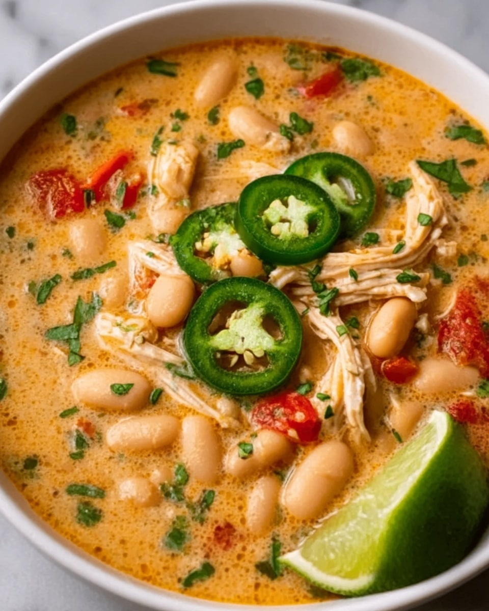 A close-up of a white bowl filled with a thick, creamy soup that has a light orange color. The soup contains white beans scattered evenly throughout and shredded pieces of chicken mixed inside. There are small red tomato chunks visible, along with thin green slices of jalapeño peppers on top. Fresh chopped green herbs are sprinkled over the surface for garnish. A bright green lime wedge rests on the edge of the bowl. The bowl sits on a white marbled surface. Photo taken with an iphone --ar 4:5 --v 7